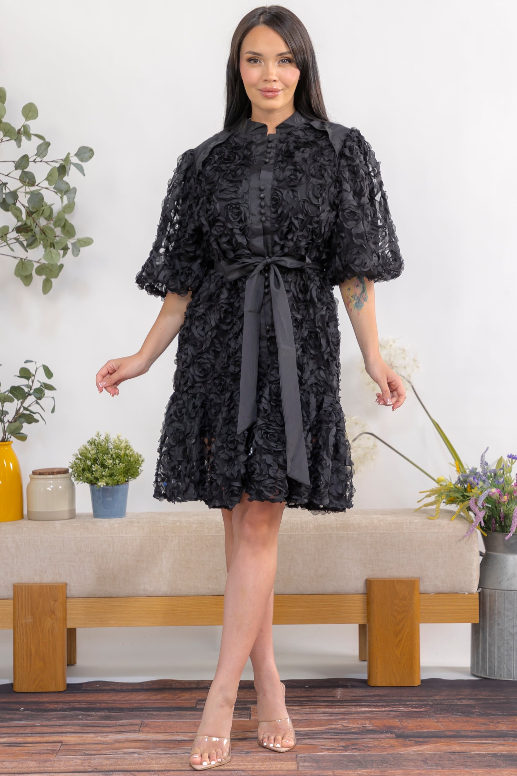 ZB129-R Floral Texture Belted Puff Sleeve Mini Dress