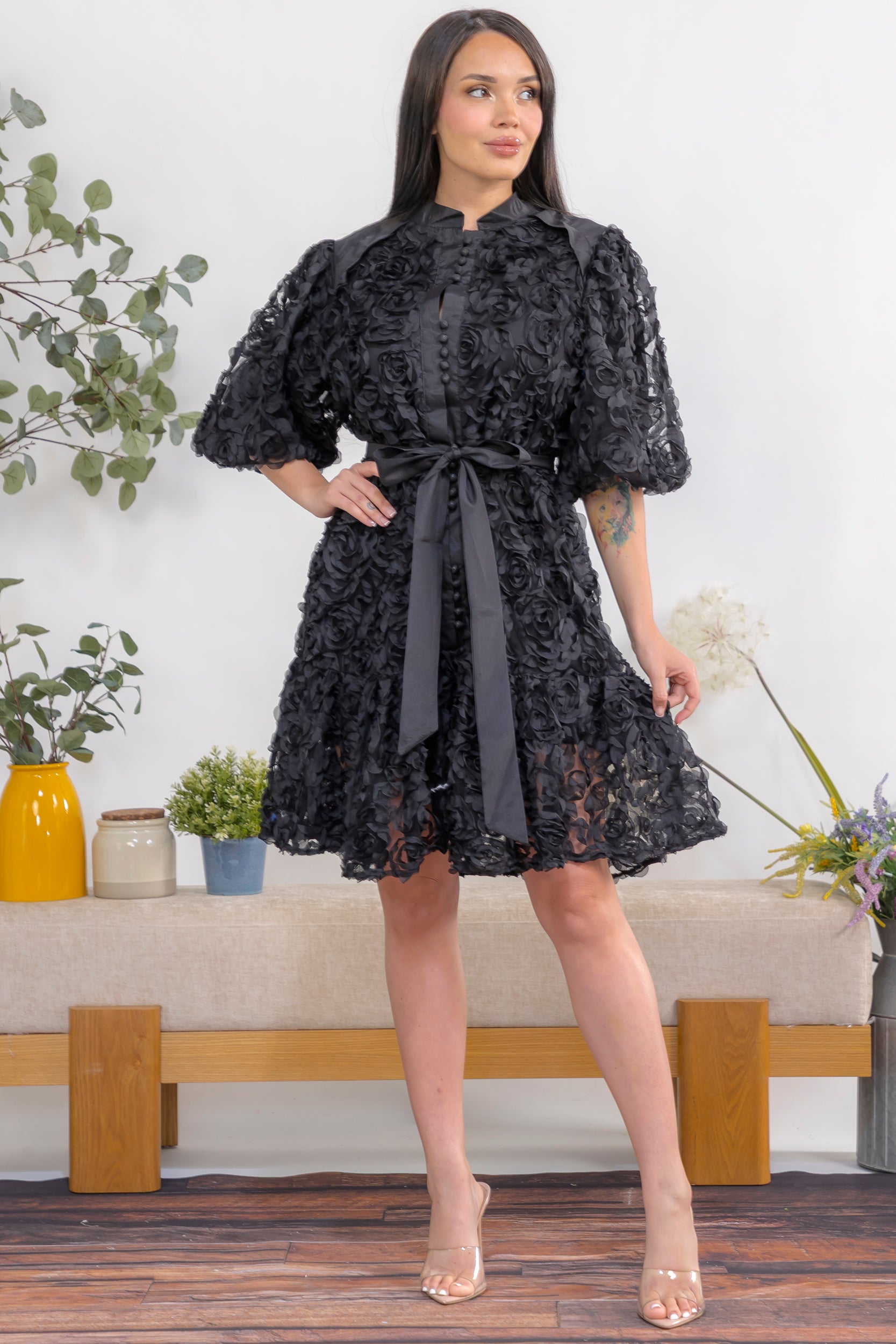 ZB129-R Floral Texture Belted Puff Sleeve Mini Dress