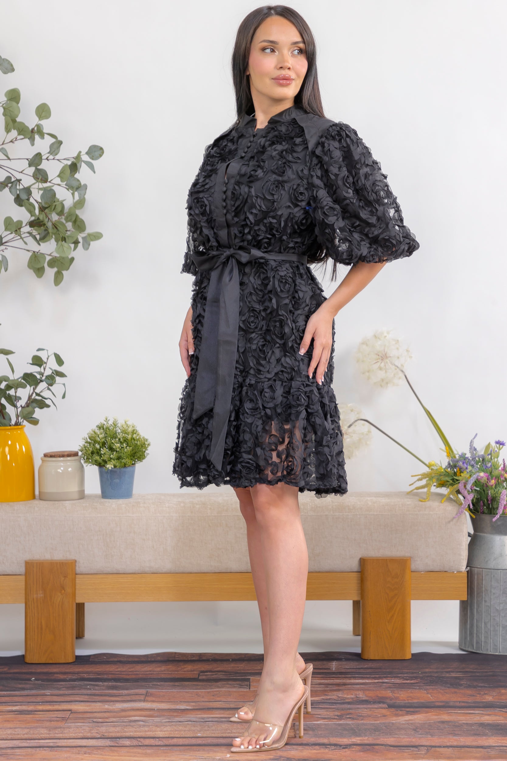 ZB129-R Floral Texture Belted Puff Sleeve Mini Dress