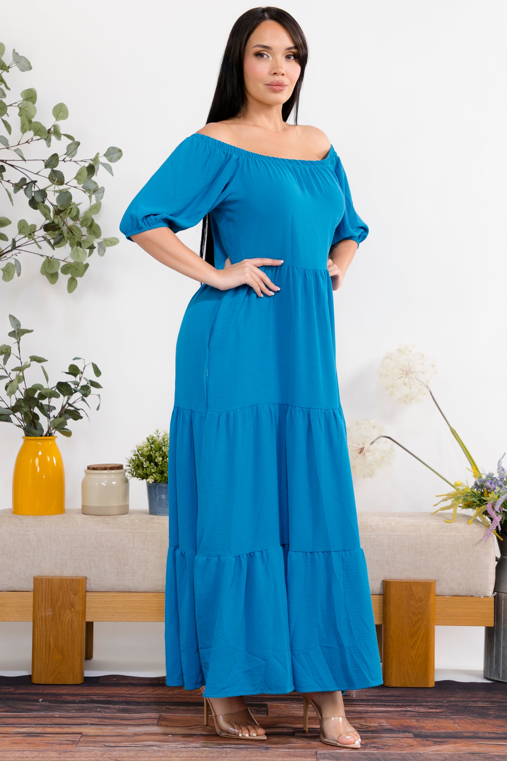 S25659 Off-Shoulder Tiered Maxi Dress