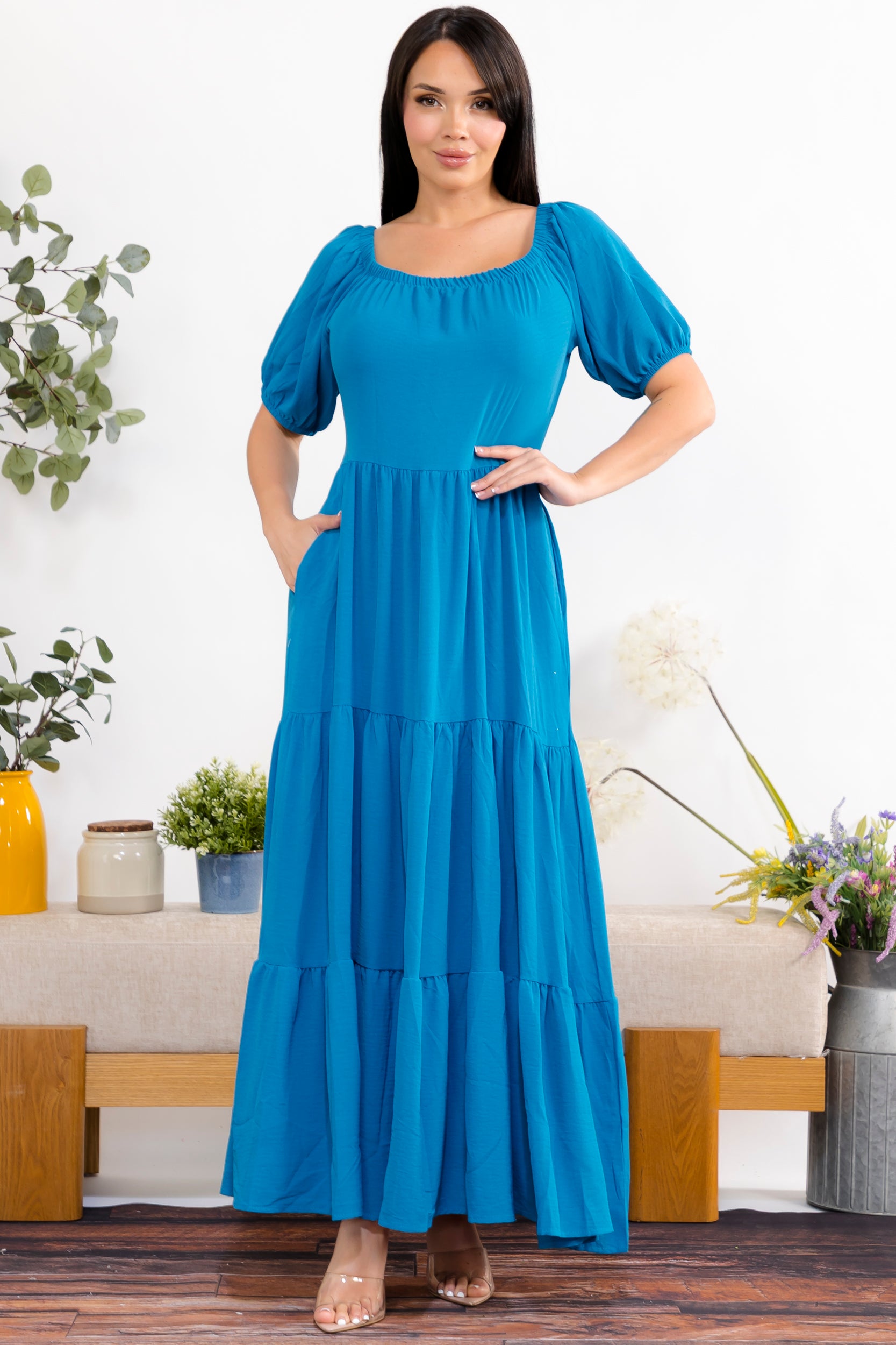 S25659 Off-Shoulder Tiered Maxi Dress