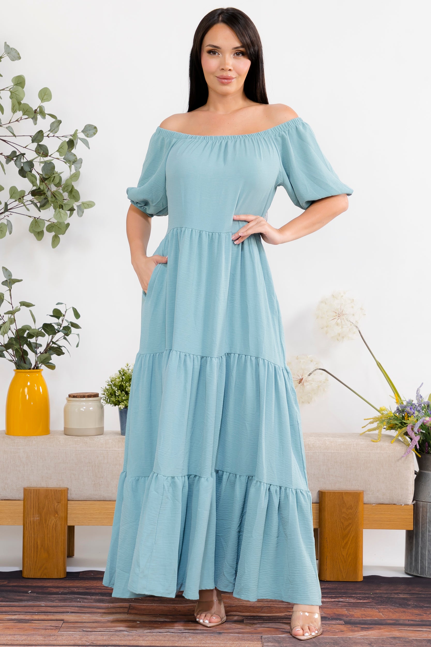 S25659 Off-Shoulder Tiered Maxi Dress