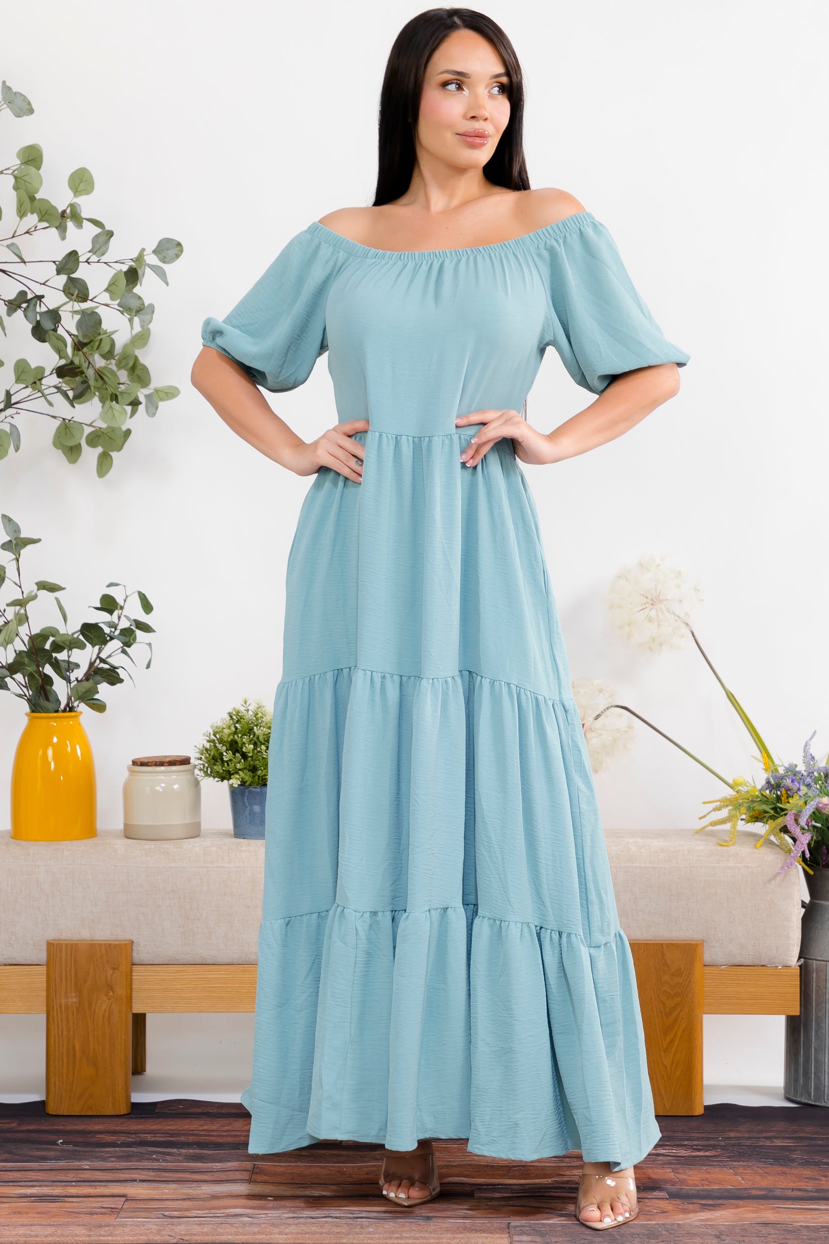 S25659 Off-Shoulder Tiered Maxi Dress