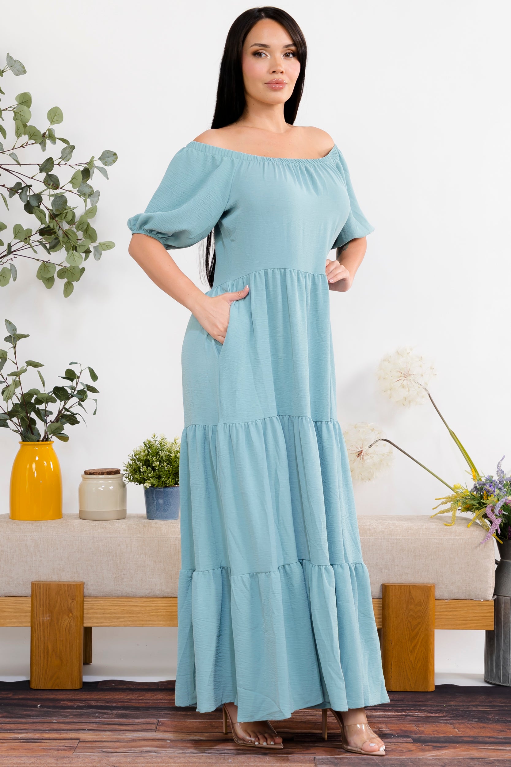 S25659 Off-Shoulder Tiered Maxi Dress