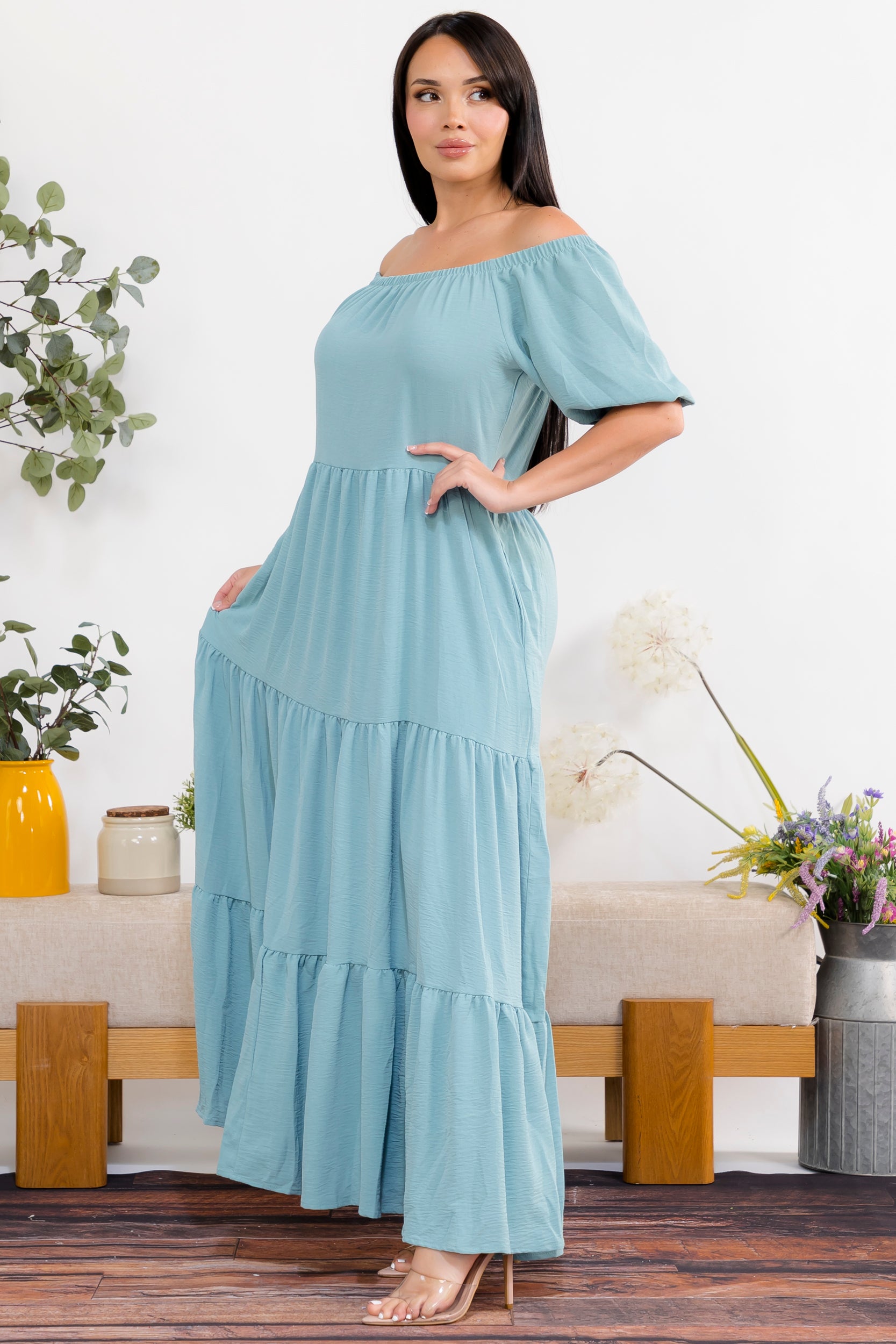 S25659 Off-Shoulder Tiered Maxi Dress