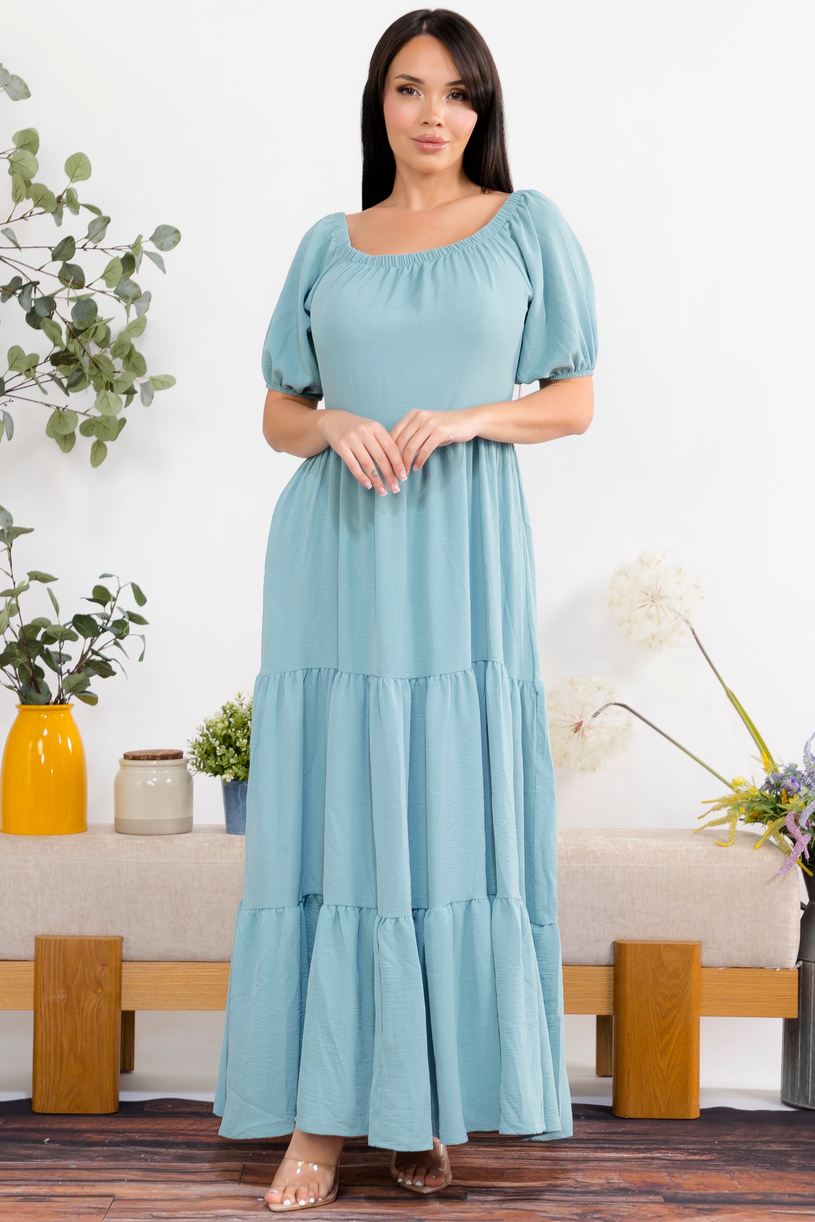 S25659 Off-Shoulder Tiered Maxi Dress