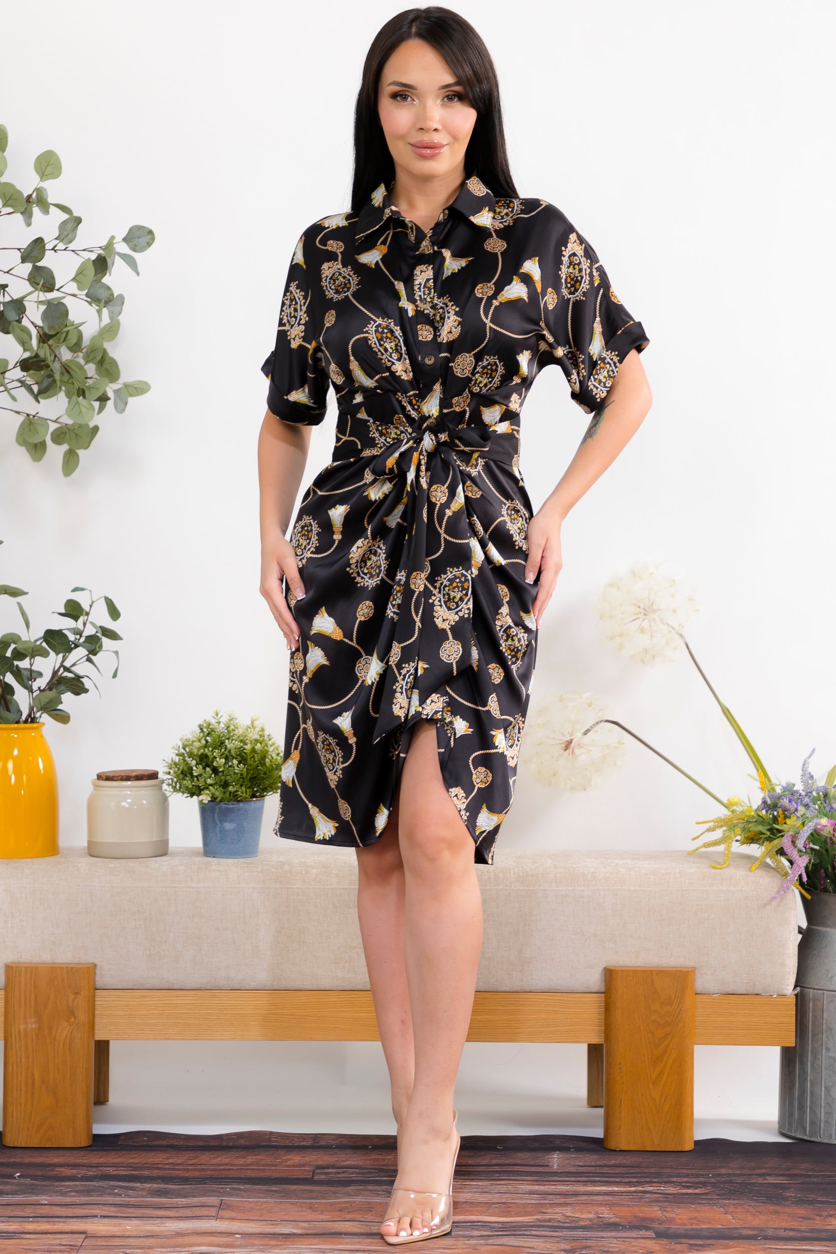 D4622S-1 Aurielle Chain Print Tie Waist Dress