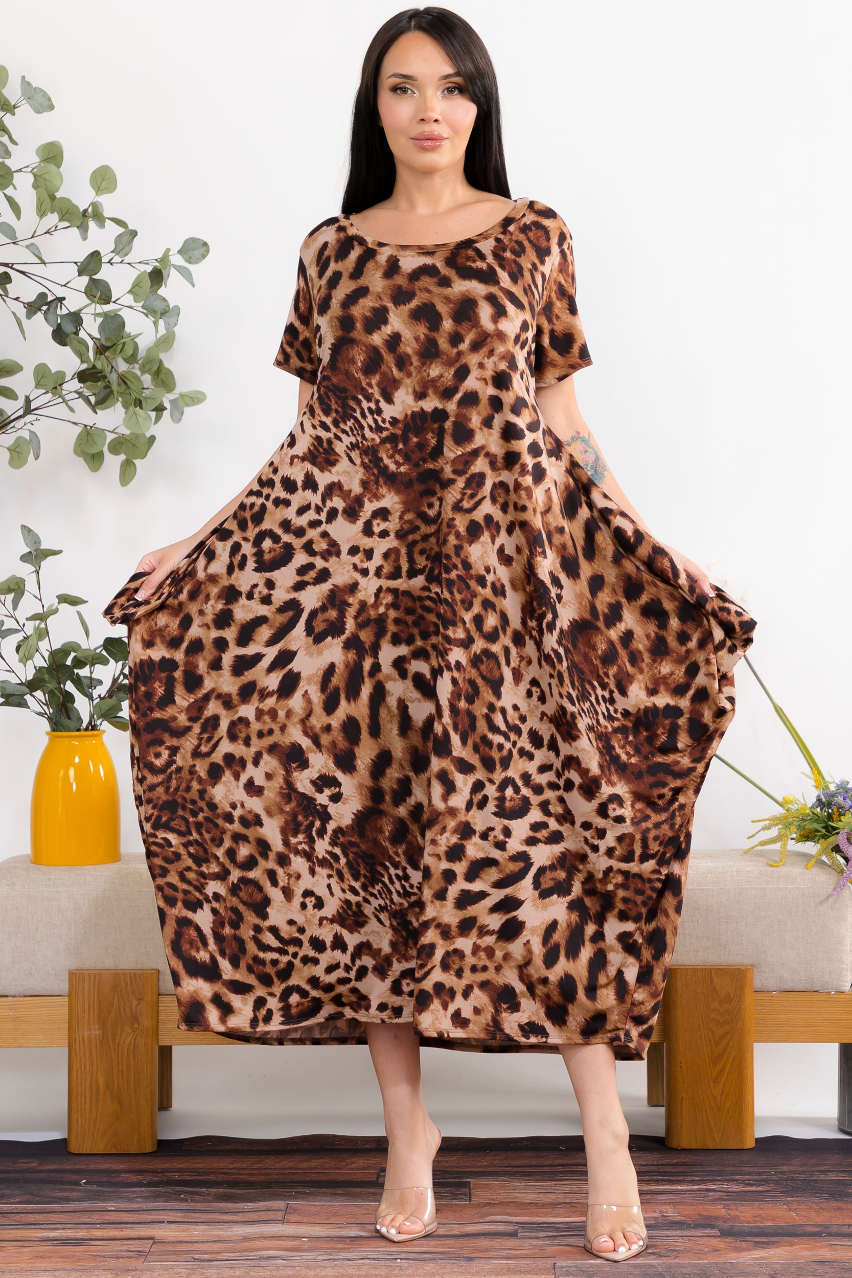 SAN151BX-P7 Plus Size Leopard Print Relaxed Midi Dress