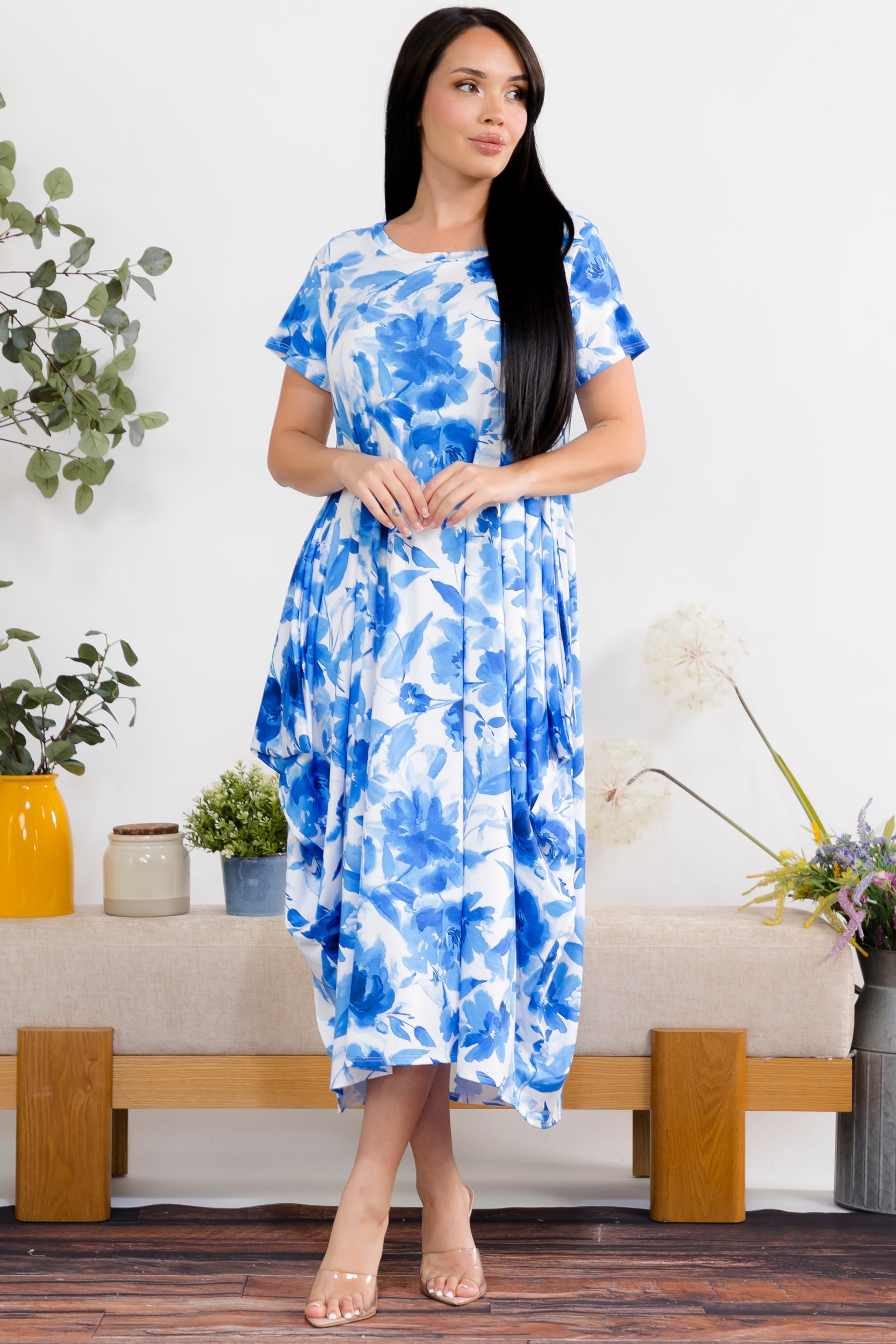 SAN151BX-P9 Plus Size Flower Print Relaxed Midi Dress
