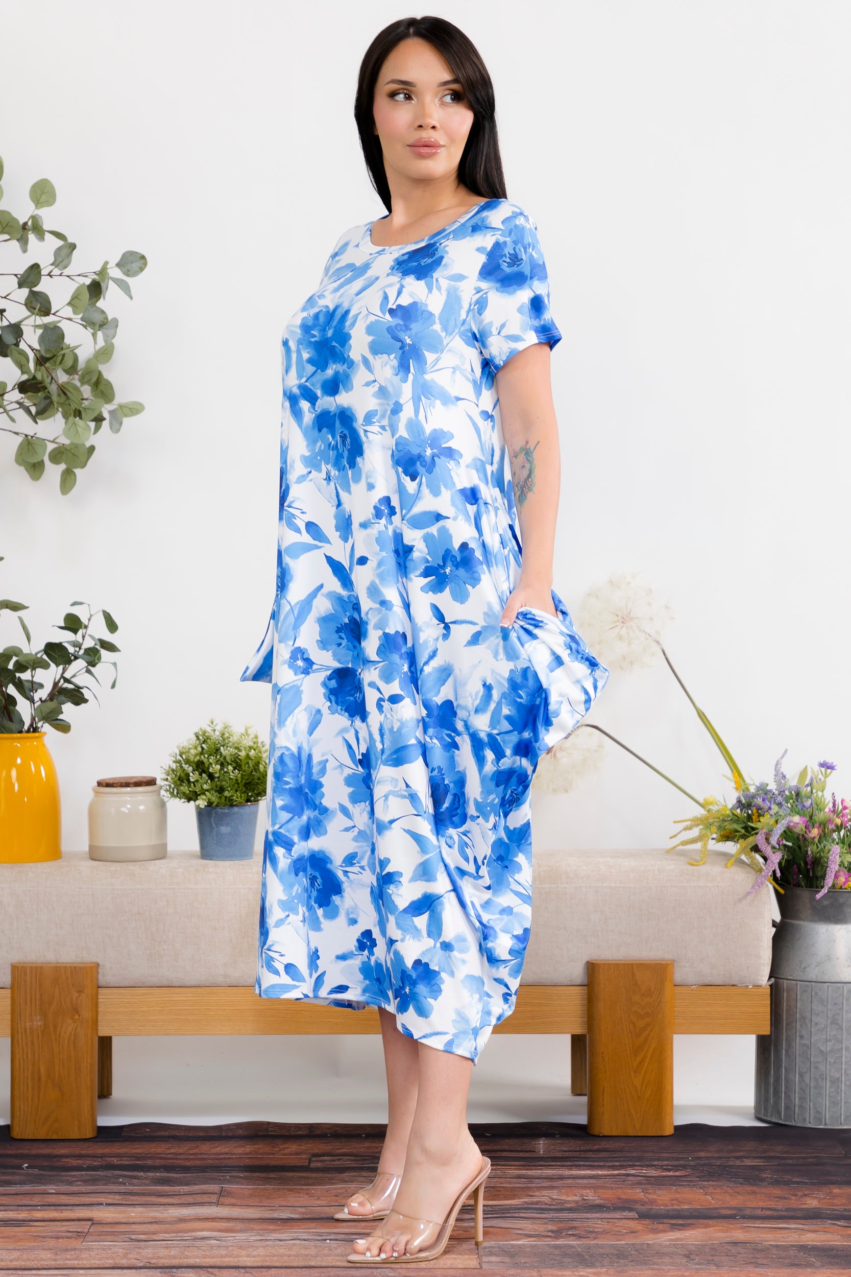 SAN151BR-P9 Flower Print Relaxed Midi Dress