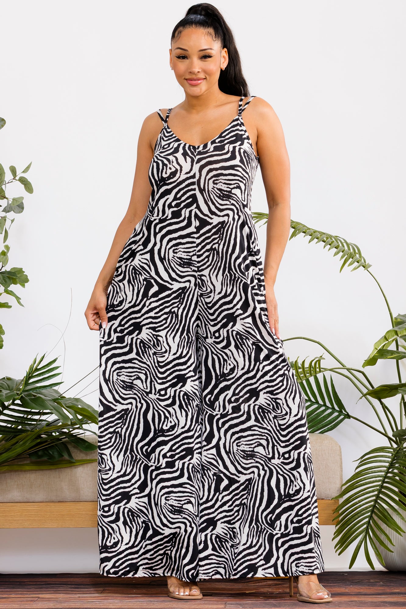 HH697R-P - Animal Print Sleeveless Wide Leg Jumpsuit