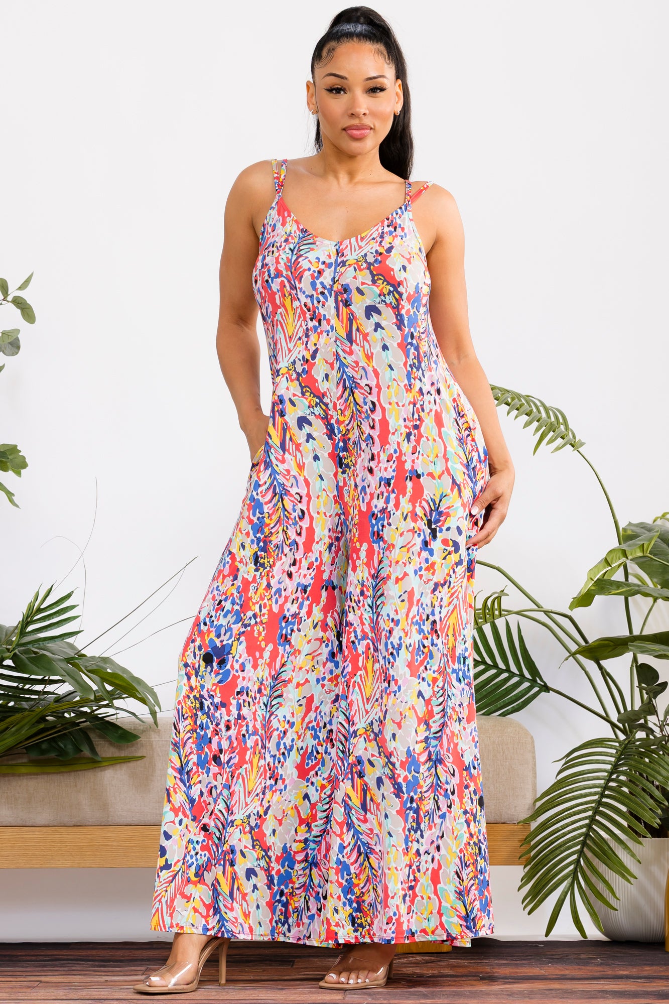 HH697X-P2 - Floral Print Sleeveless Wide Leg Jumpsuit