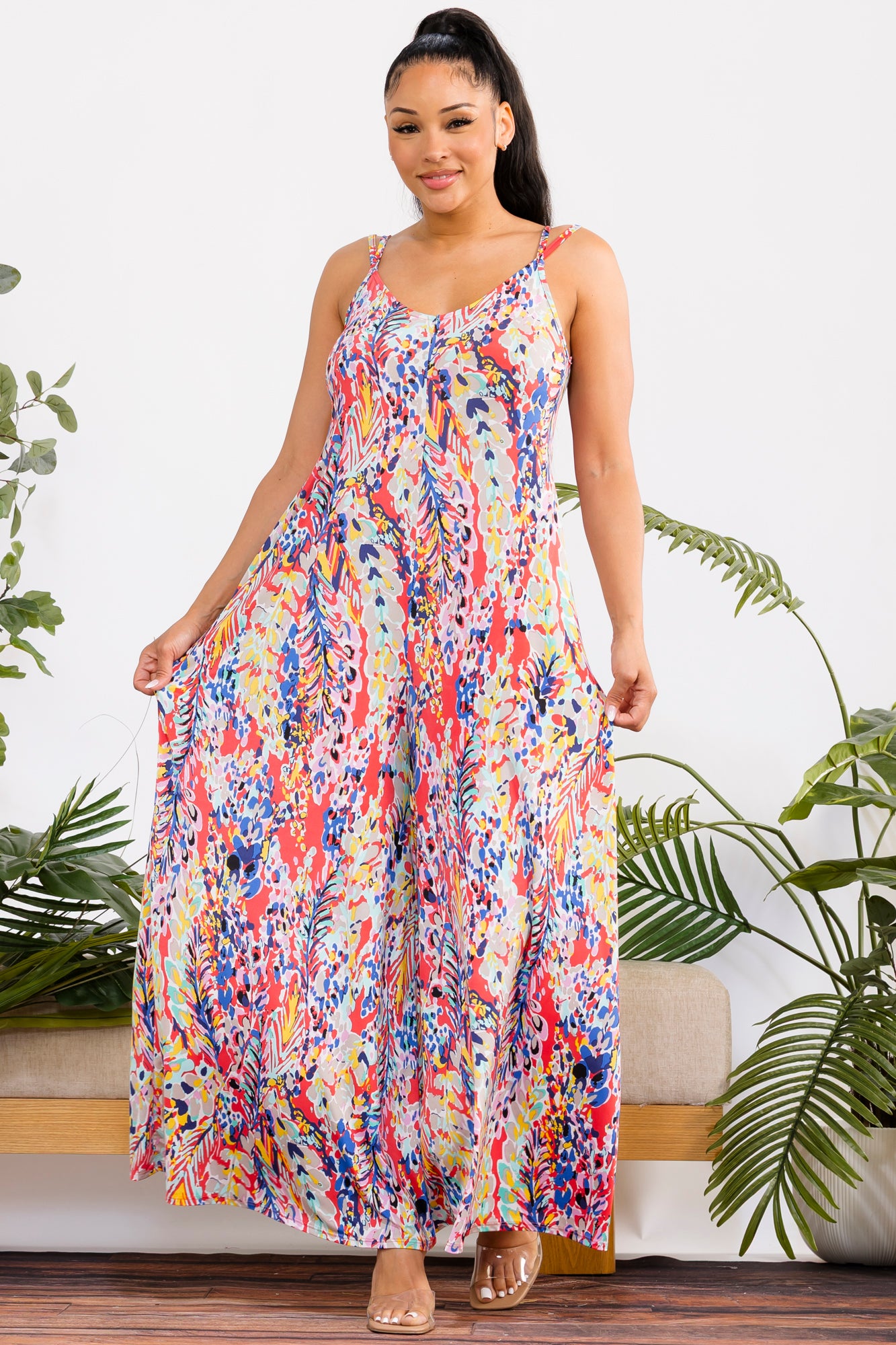HH697X-P2 - Floral Print Sleeveless Wide Leg Jumpsuit