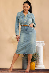 18812 - Belted Denim Midi Dress