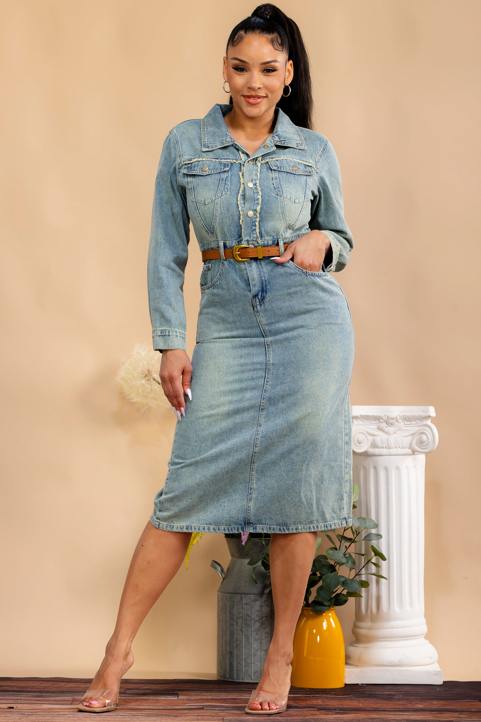 AN49735 - Belted Denim Midi Dress