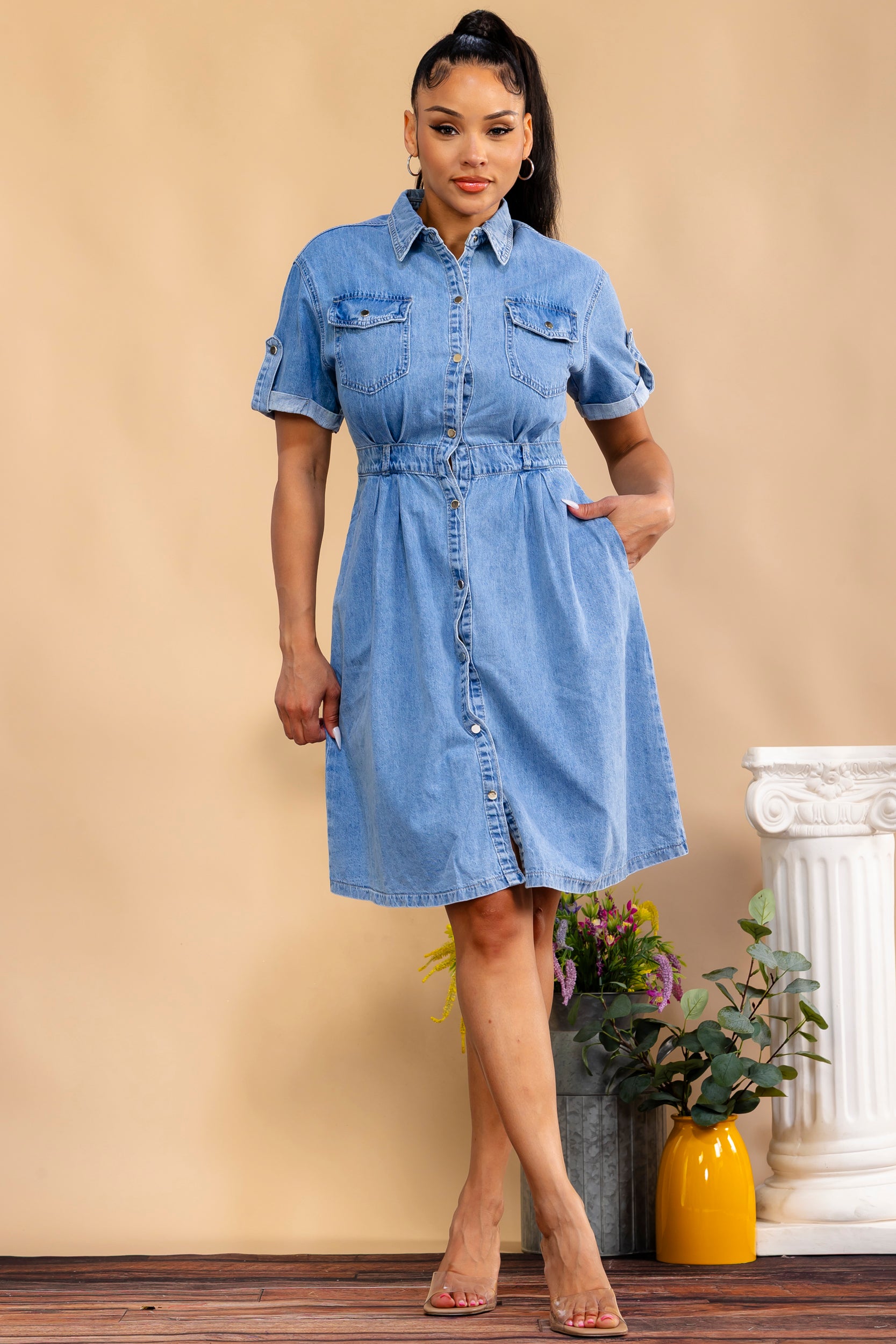 7003 - Short  Sleeves Denim Dress
