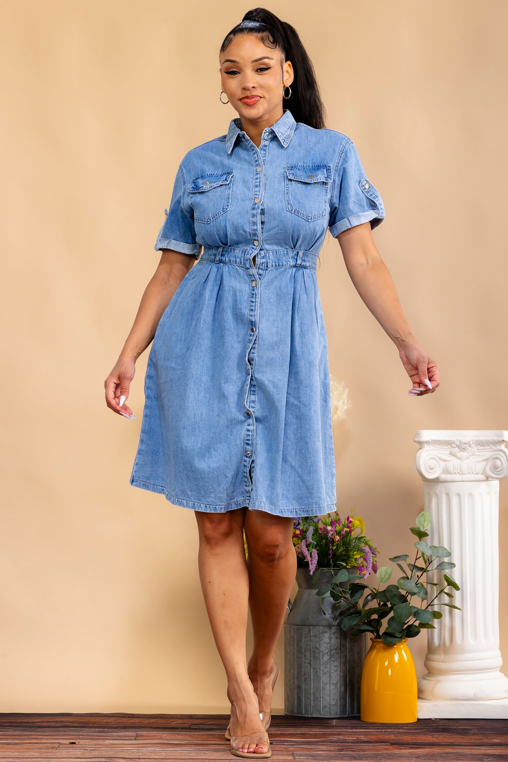 7003 - Short  Sleeves Denim Dress