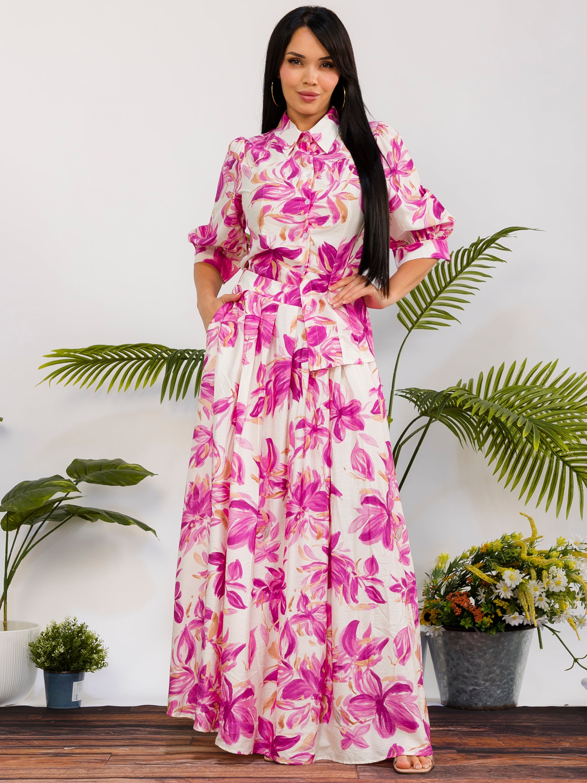 RS616-R - Floral Print Button Front Maxi Skirt Set