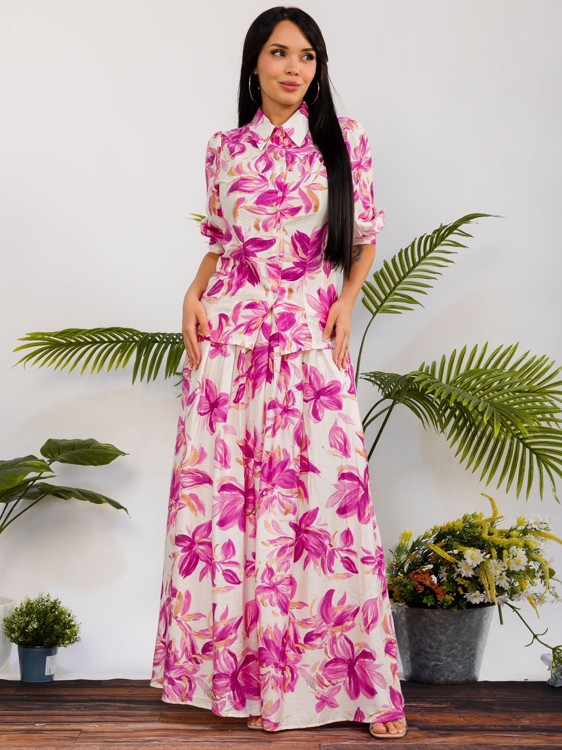 RS616-X - Plus Size Floral Print Button Front Maxi Skirt Set