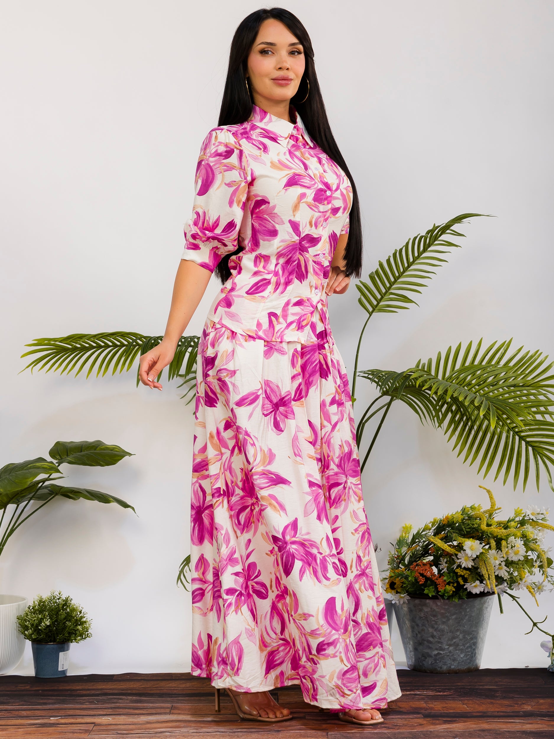 RS616-R - Floral Print Button Front Maxi Skirt Set