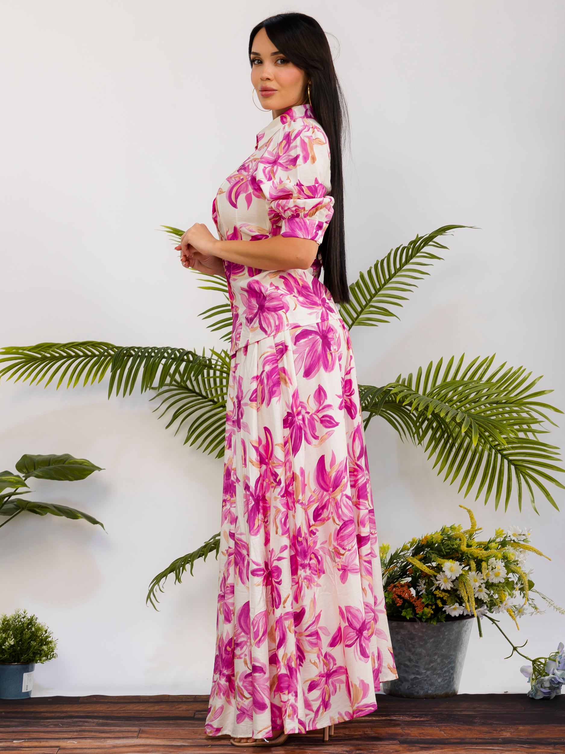 RS616-X - Plus Size Floral Print Button Front Maxi Skirt Set