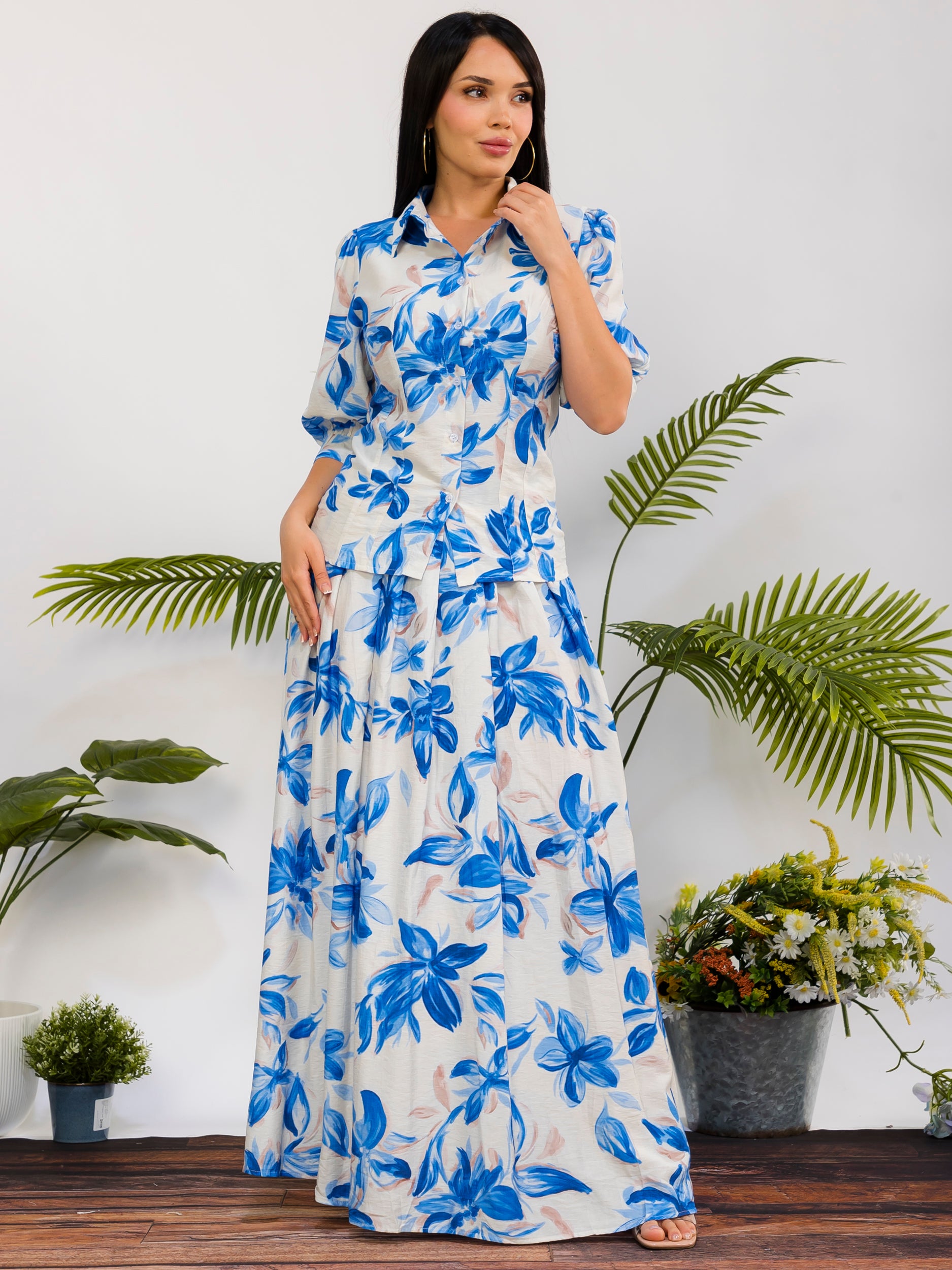 RS616-X - Plus Size Floral Print Button Front Maxi Skirt Set