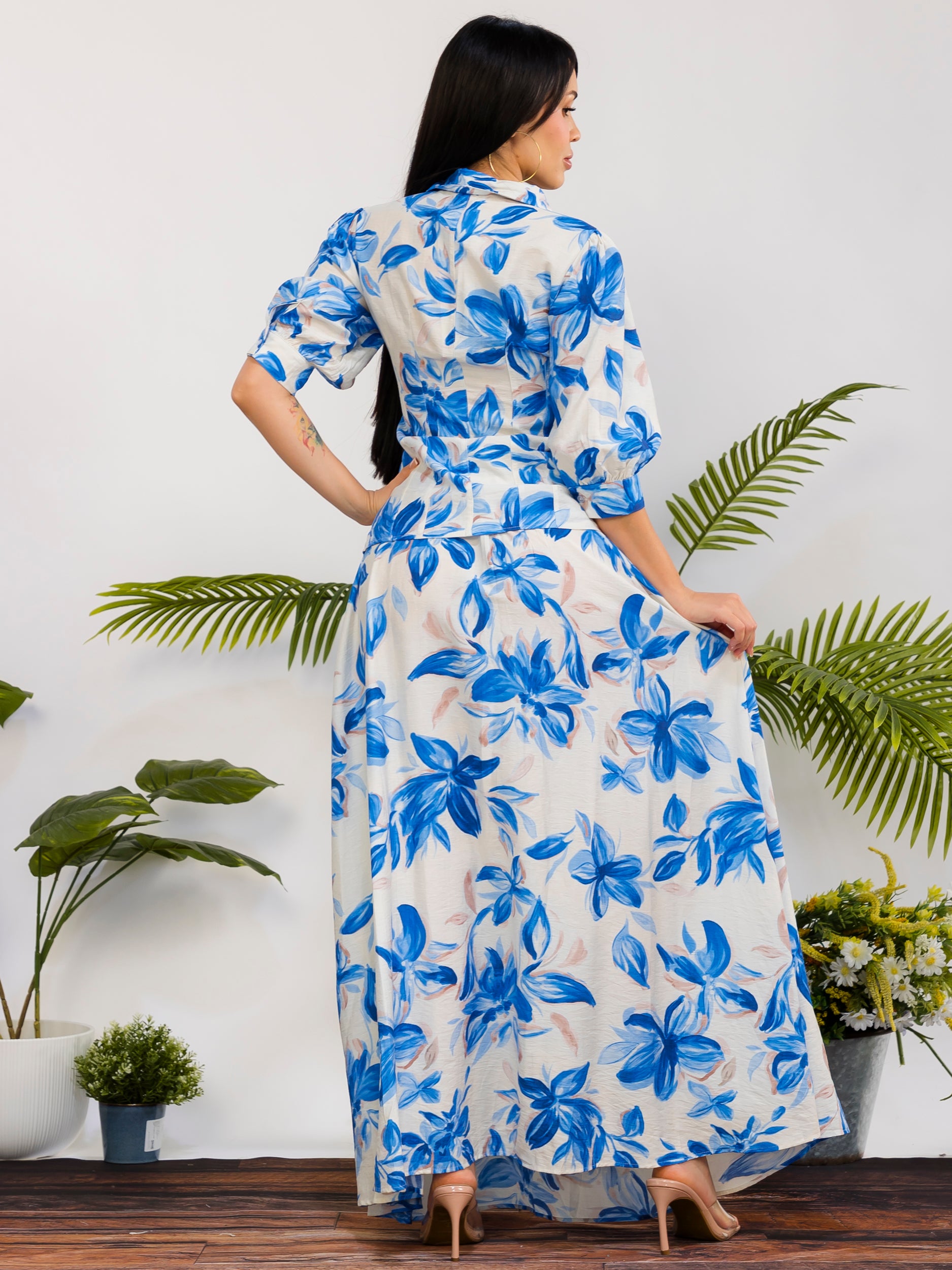 RS616-R - Floral Print Button Front Maxi Skirt Set
