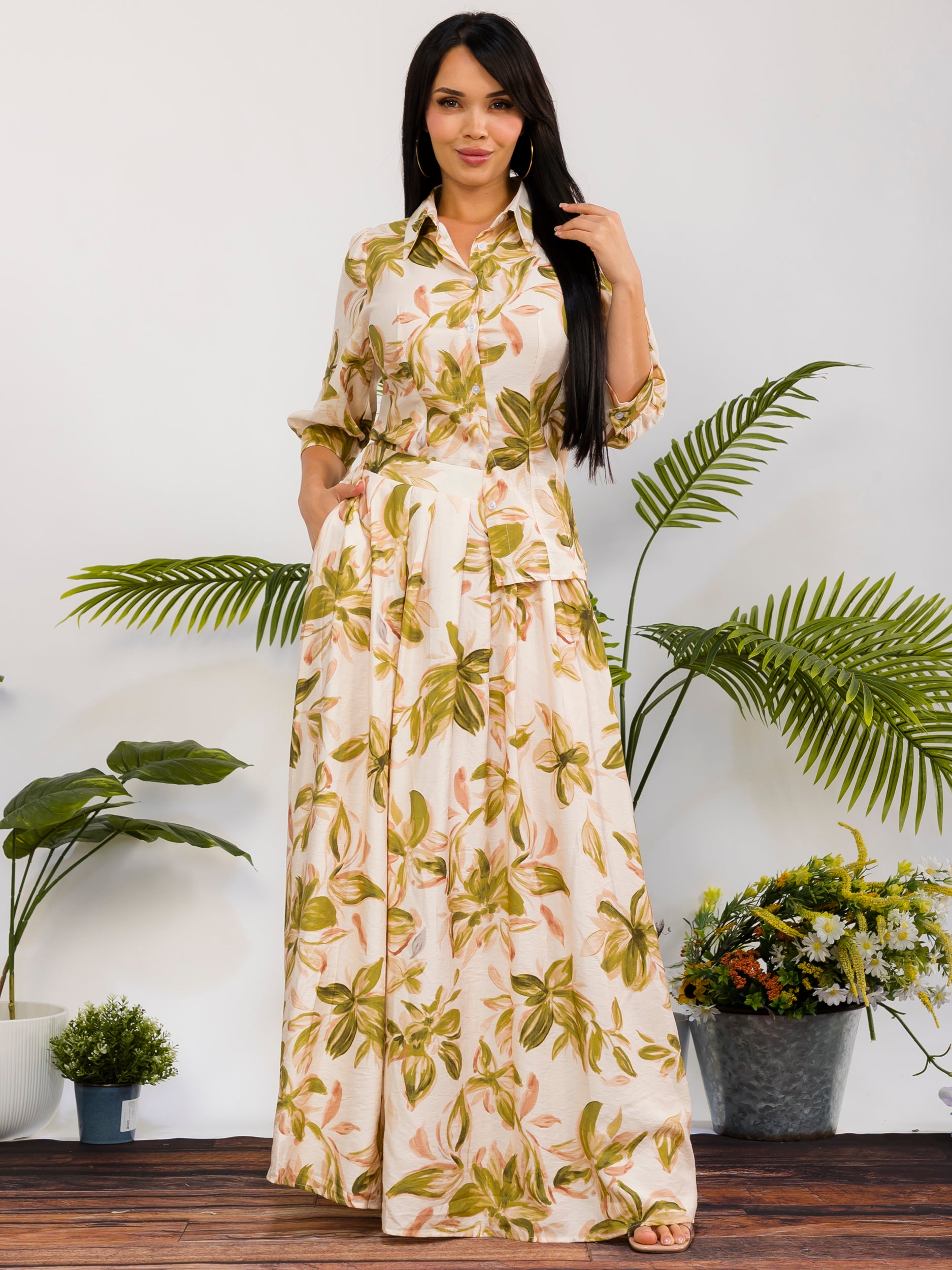 RS616-R - Floral Print Button Front Maxi Skirt Set