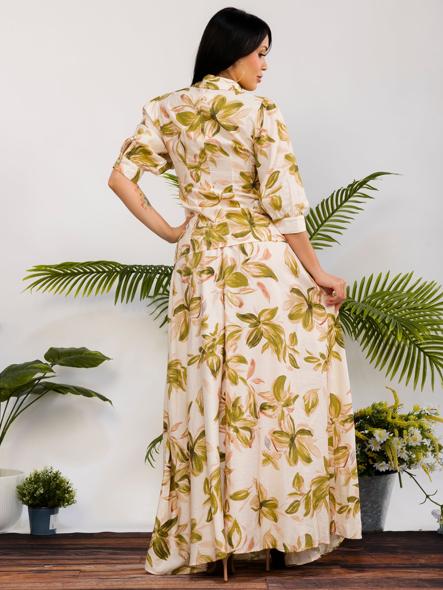 RS616-X - Plus Size Floral Print Button Front Maxi Skirt Set