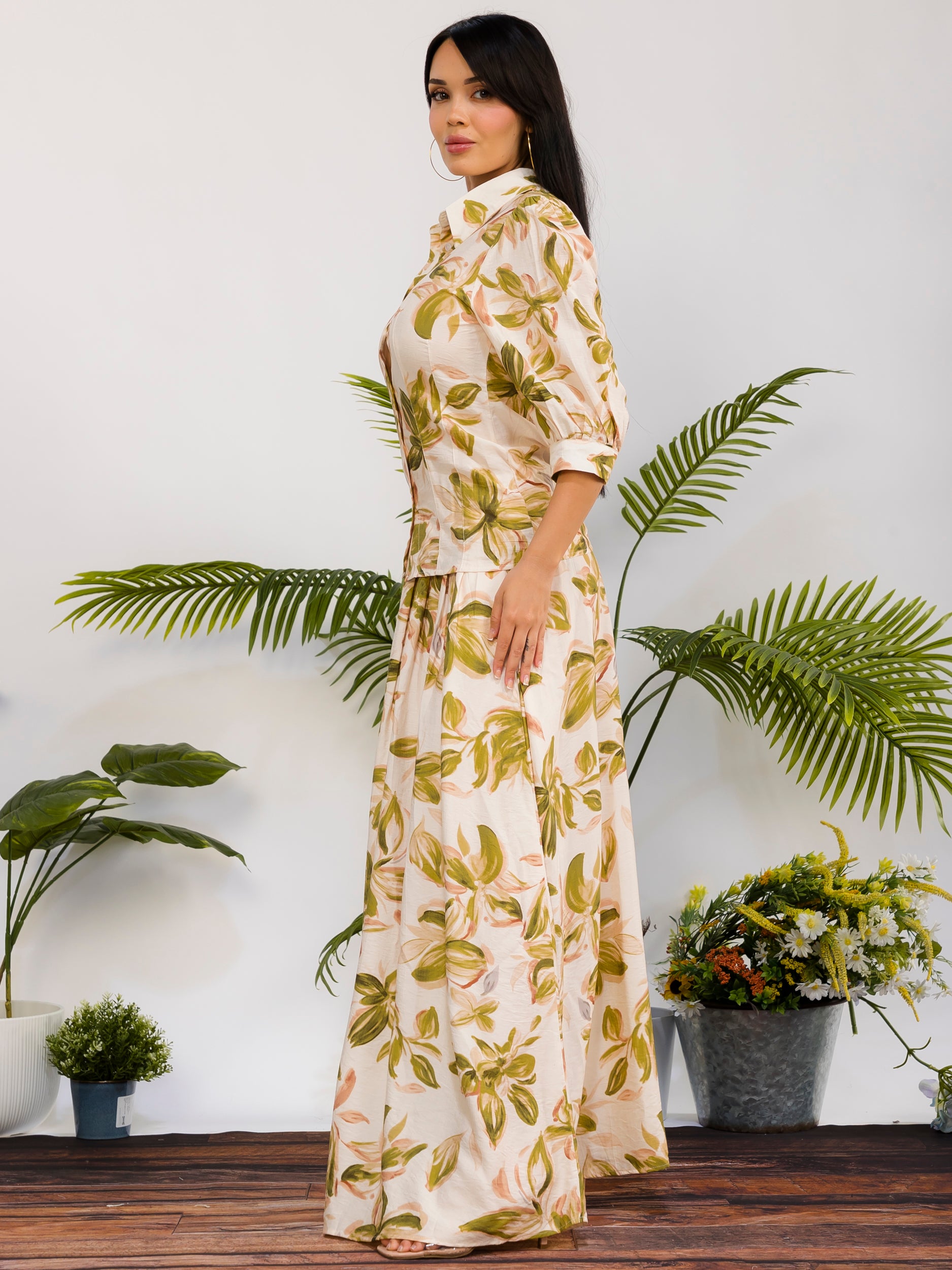 RS616-X - Plus Size Floral Print Button Front Maxi Skirt Set