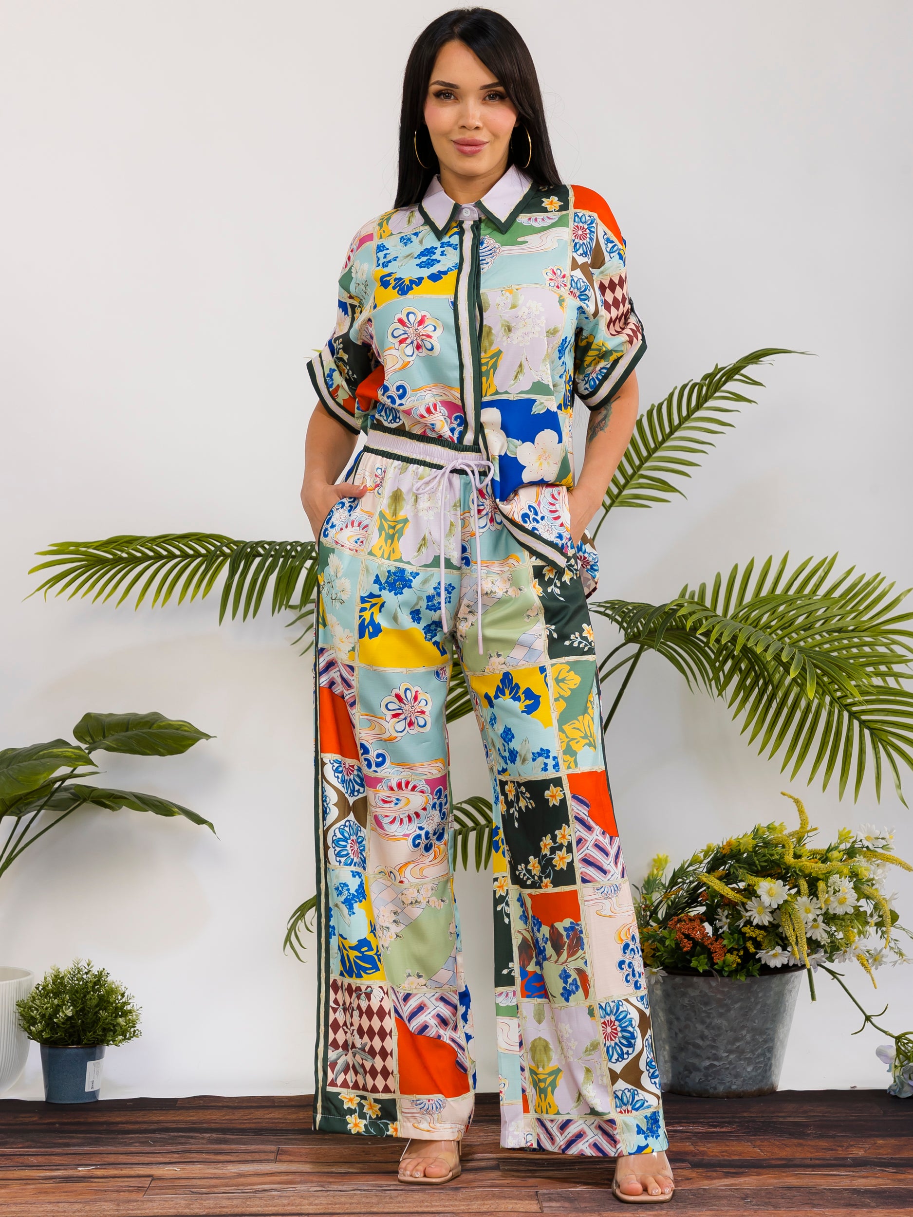 DS817-R - Patchwork Print Wide Leg Pant Set