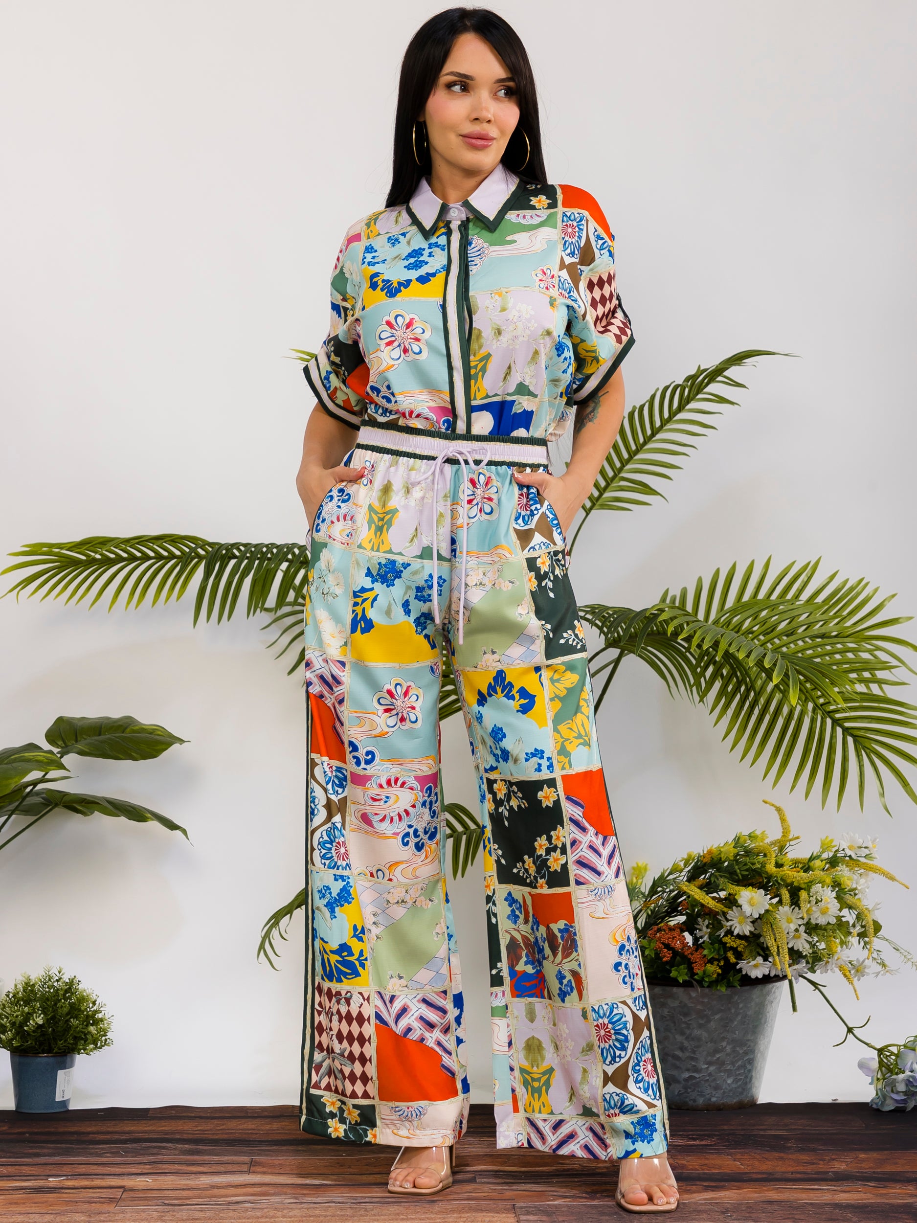 DS817-R - Patchwork Print Wide Leg Pant Set