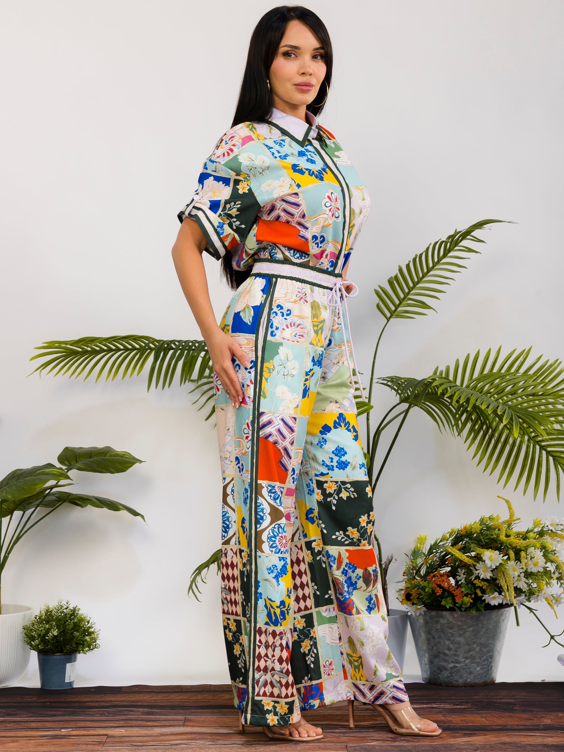 DS817-R - Patchwork Print Wide Leg Pant Set