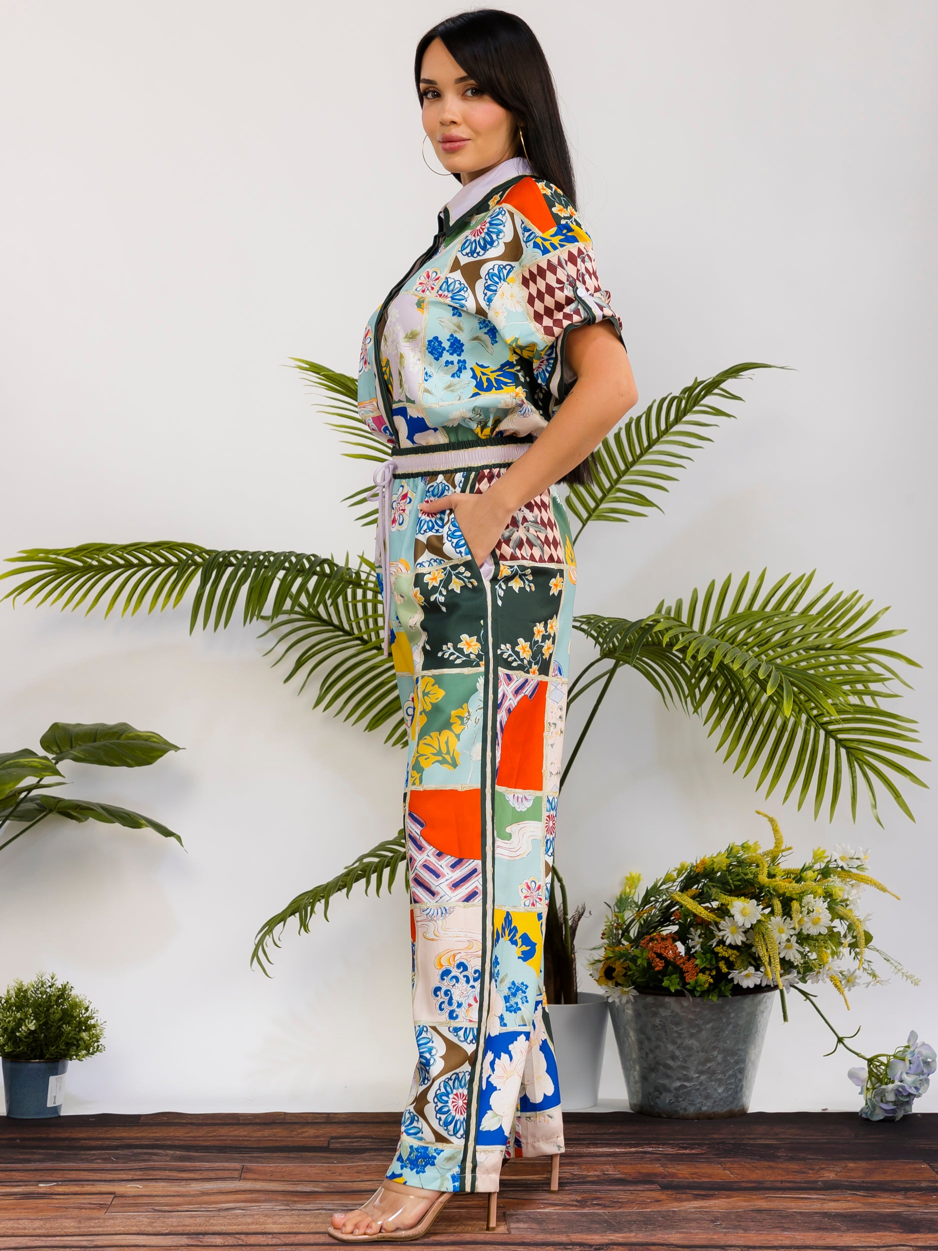 DS817-X - Plus Size Patchwork Print Wide Leg Pant Set