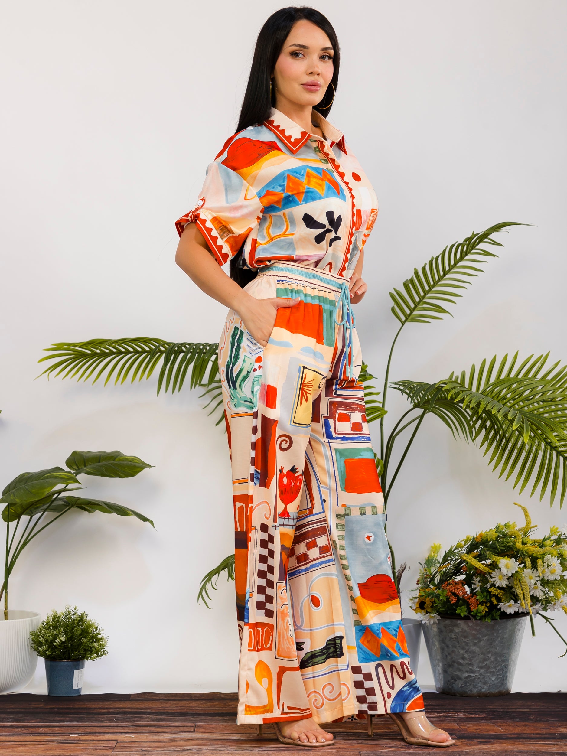 DS817-X - Plus Size Patchwork Print Wide Leg Pant Set