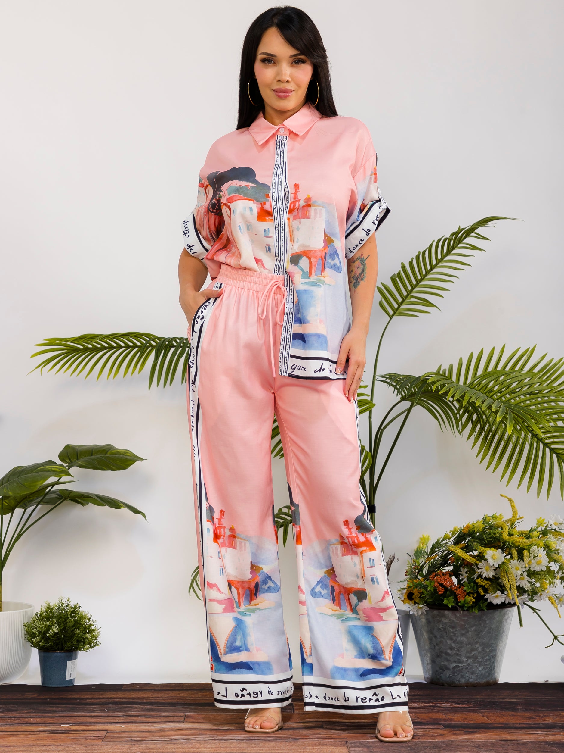 DS817-X - Plus Size Patchwork Print Wide Leg Pant Set