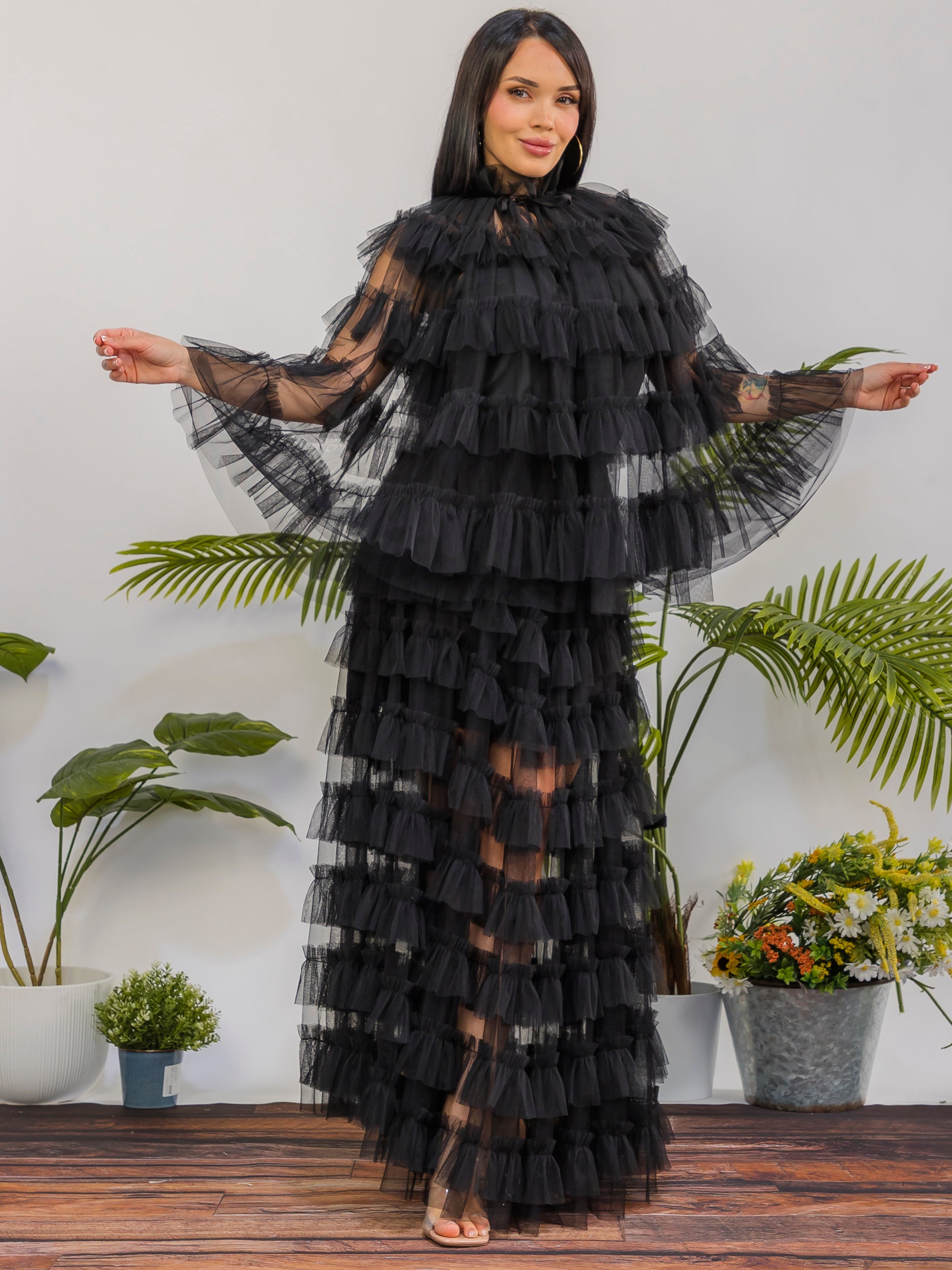 ZB133-R - 3-Piece Layered Tulle Ruffle Maxi Set