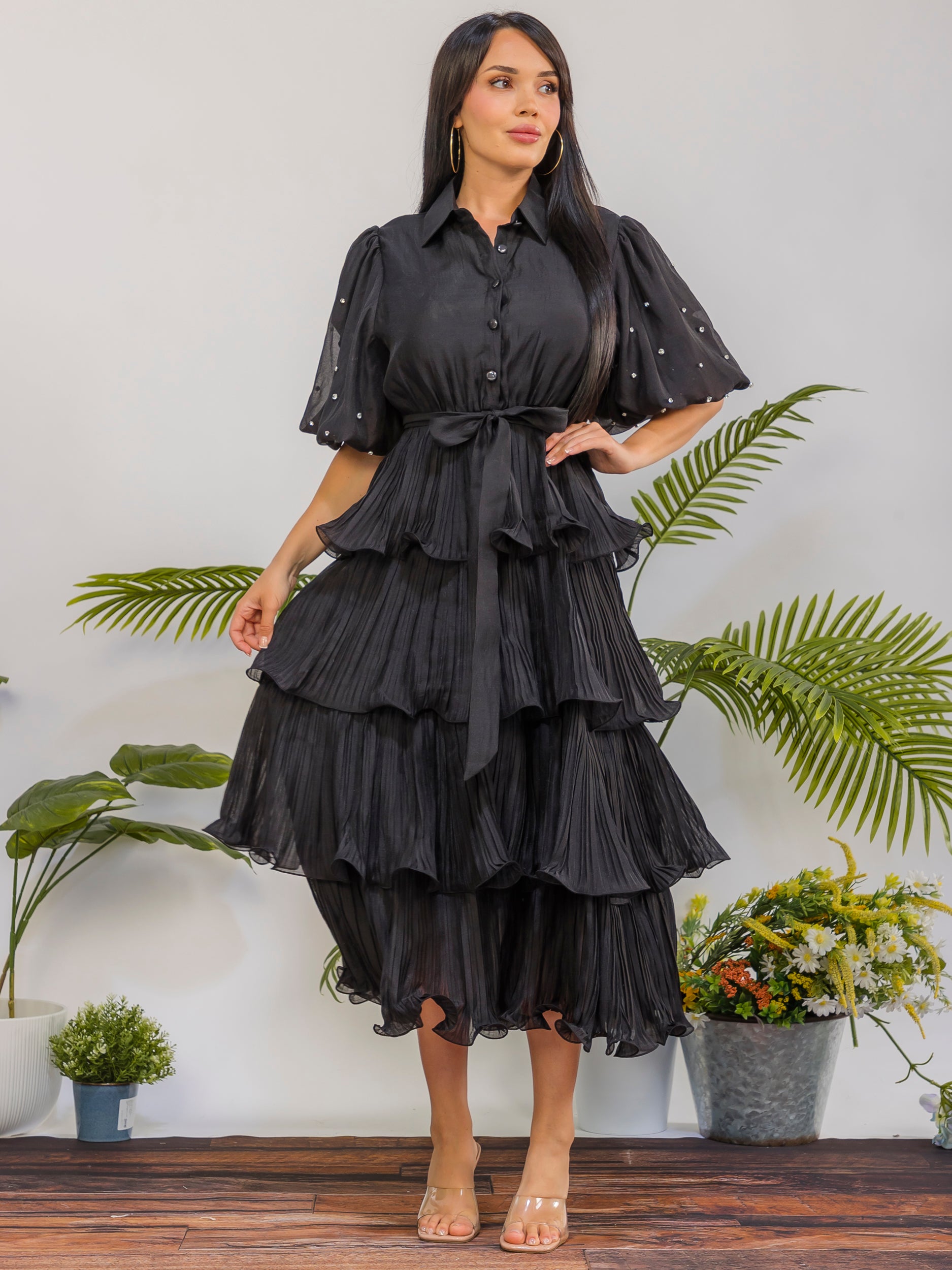 ZB128S-X - Plus Size Tiered Pleated Midi Dress