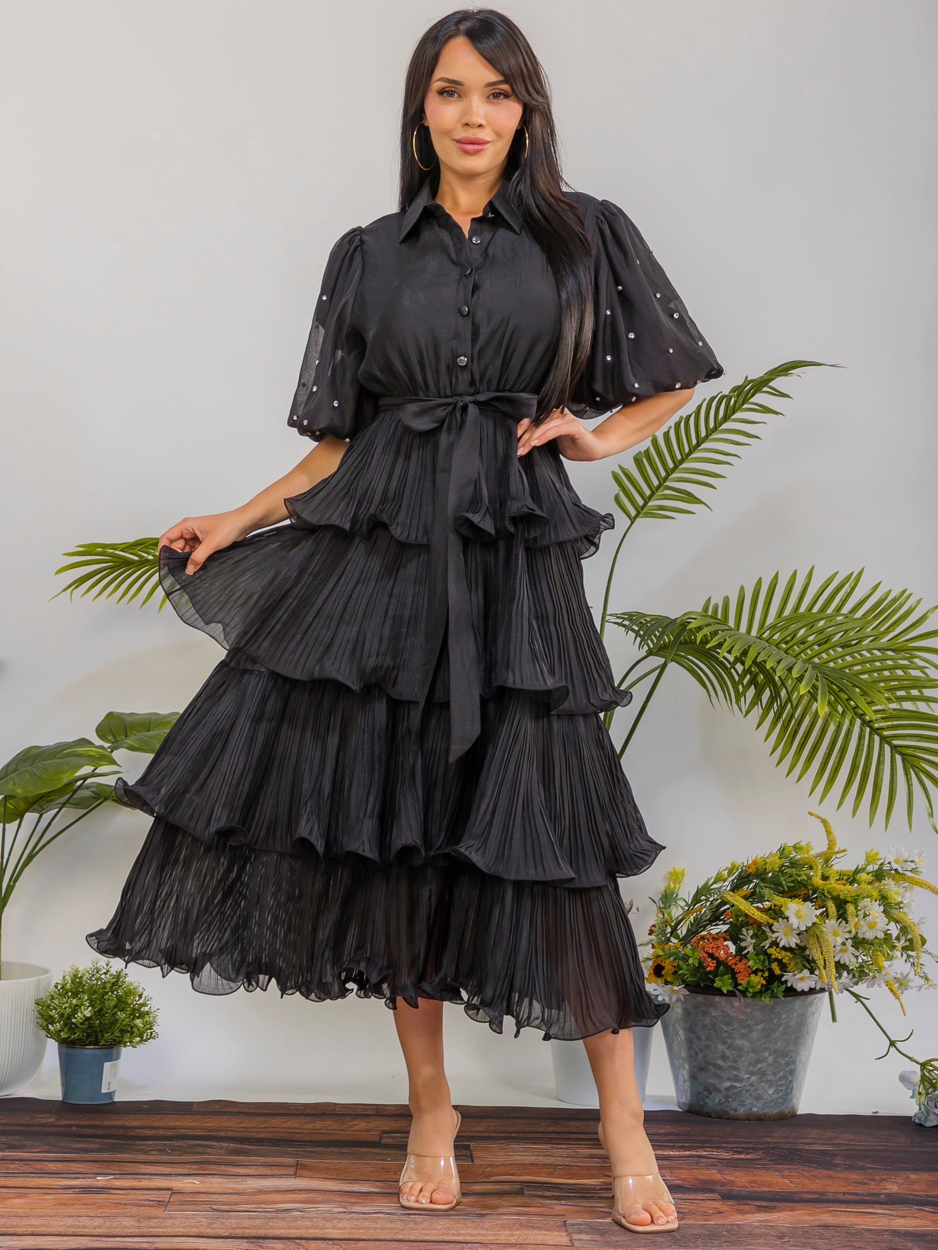 ZB128S-R - Tiered Pleated Midi Dress