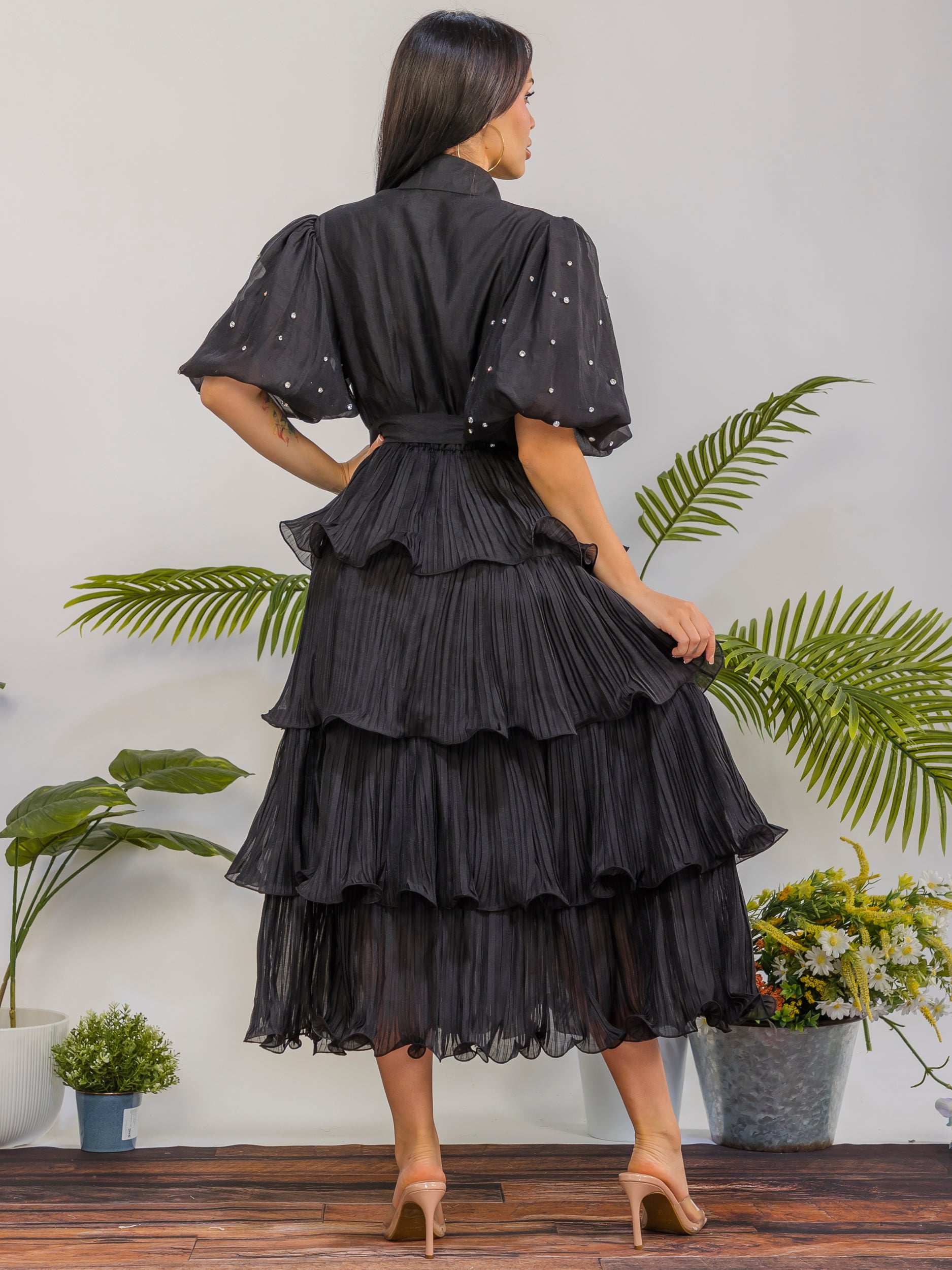ZB128S-R - Tiered Pleated Midi Dress