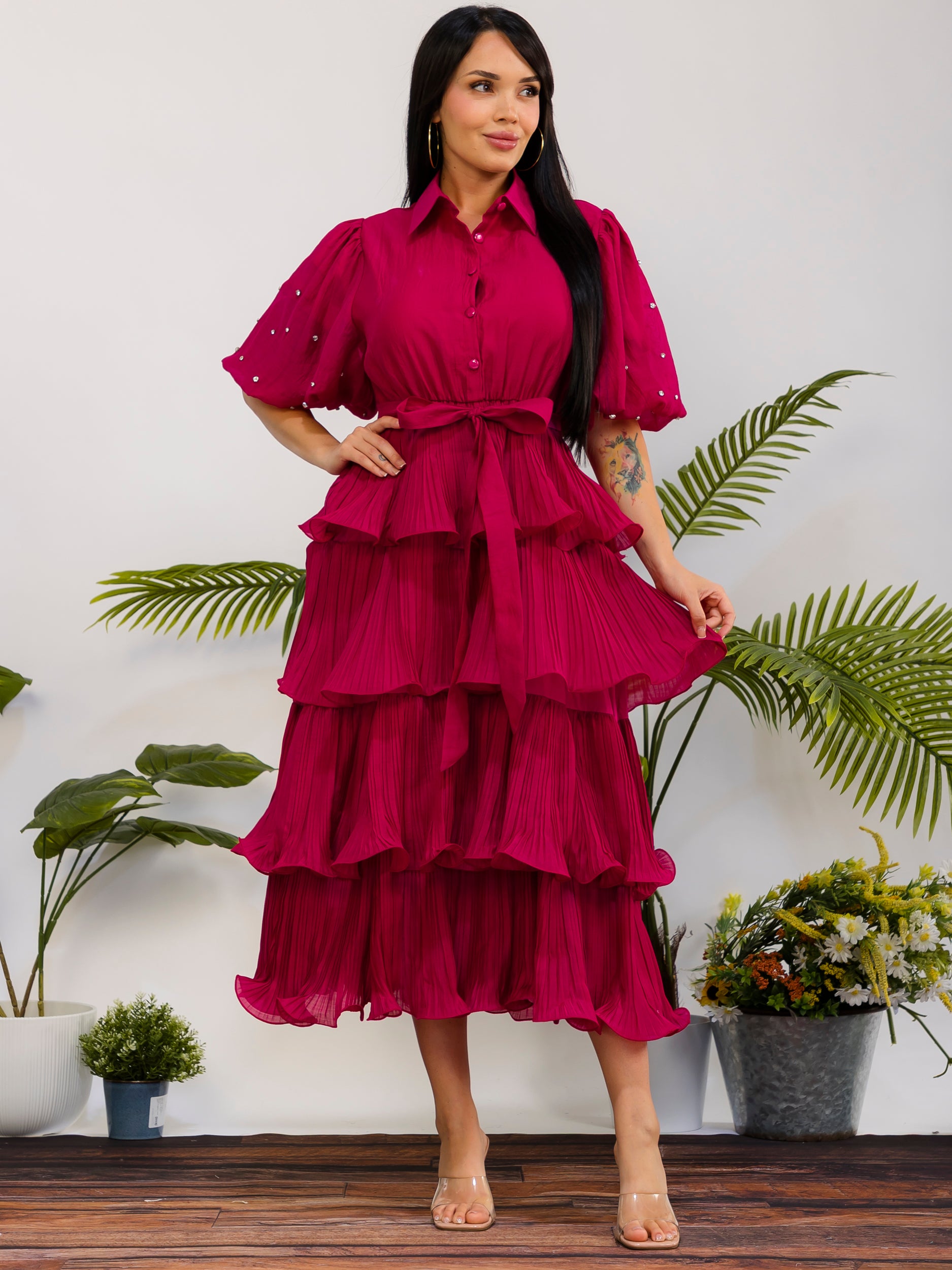 ZB128S-X - Plus Size Tiered Pleated Midi Dress