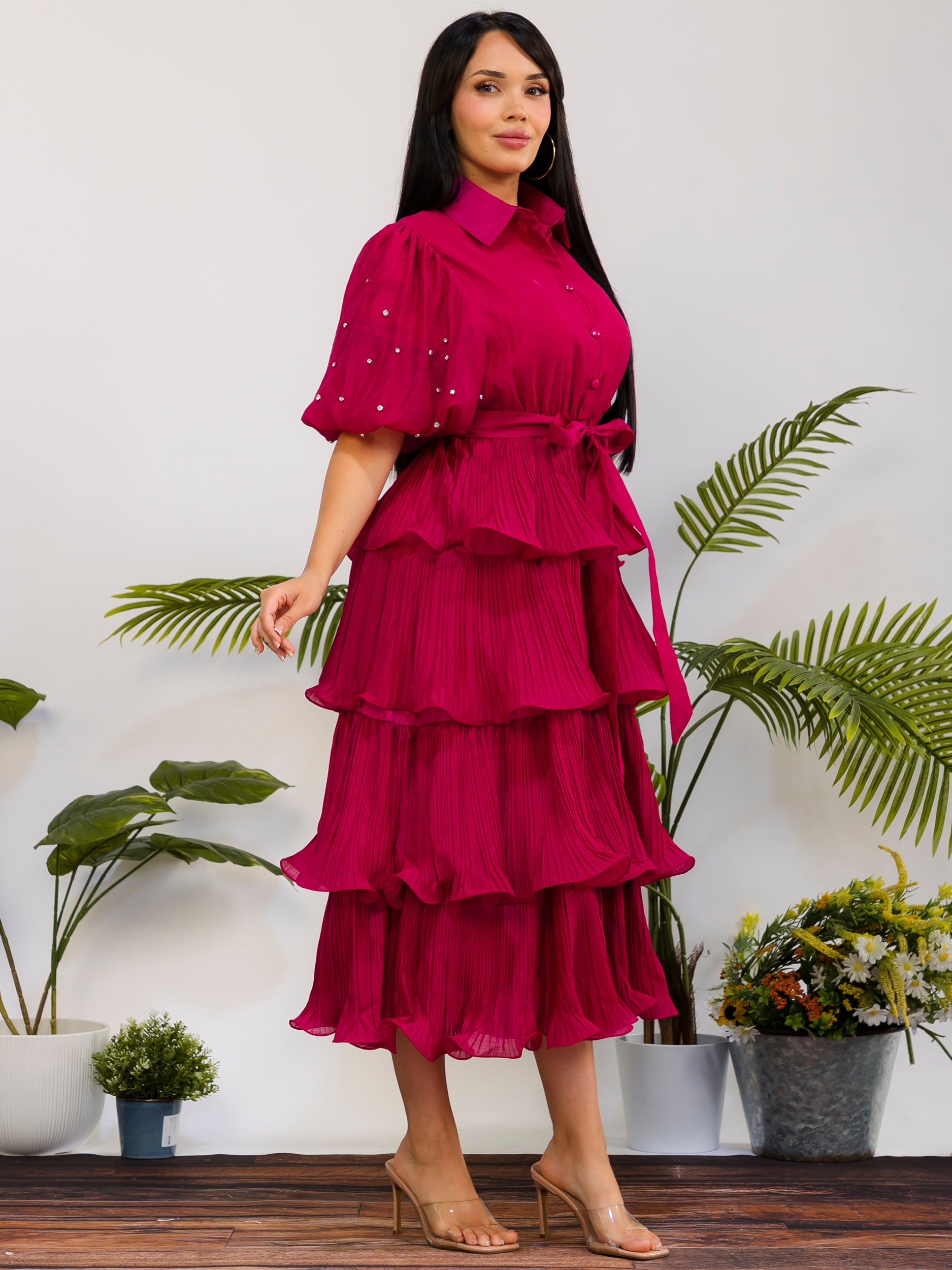 ZB128S-R - Tiered Pleated Midi Dress