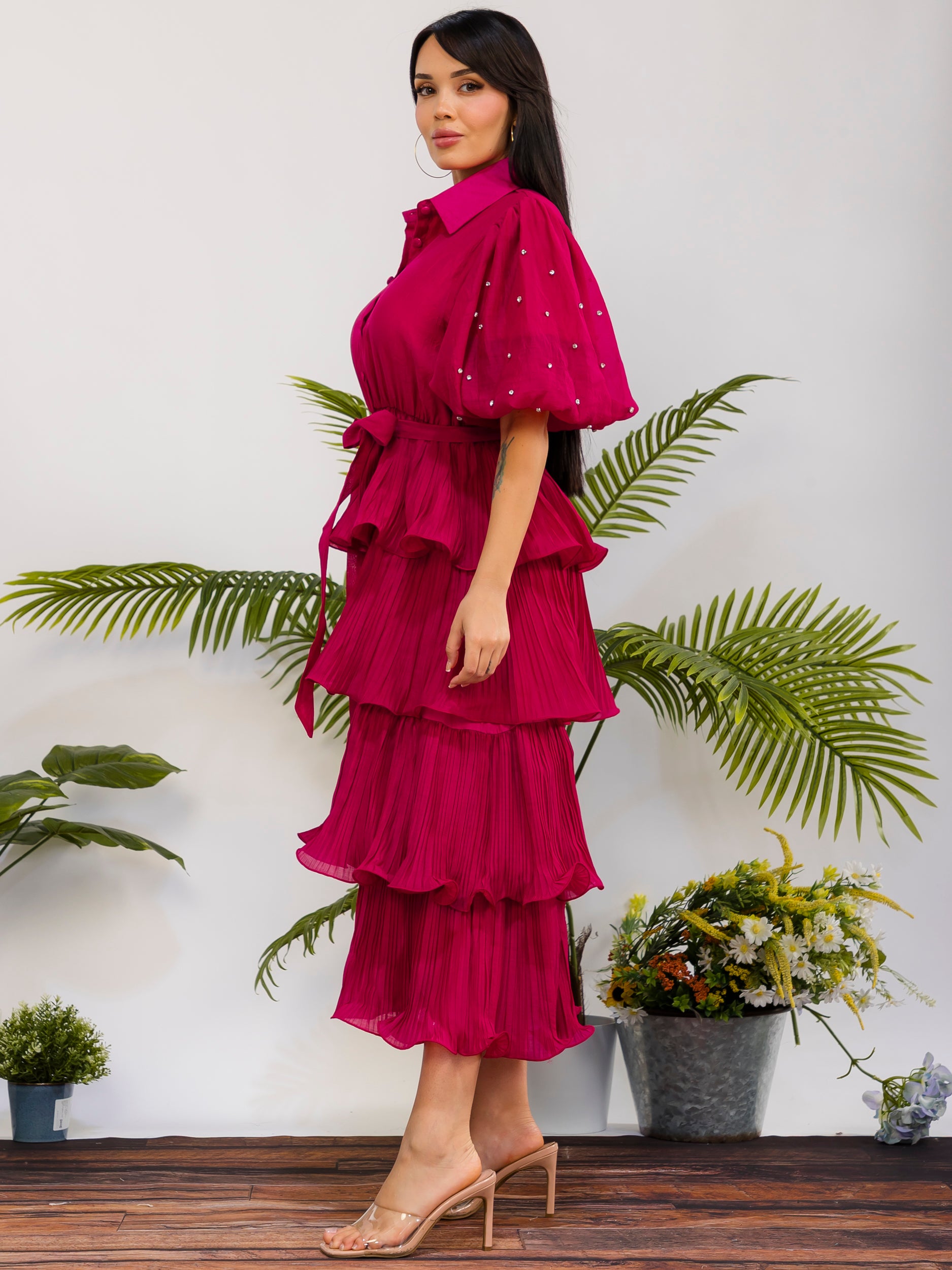ZB128S-R - Tiered Pleated Midi Dress