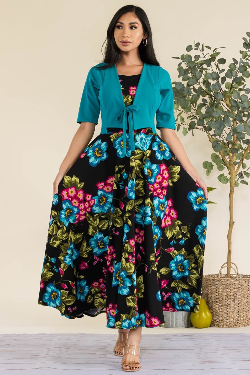HH737X-FLOWER1 - FLORAL CHURCH MAXI DRESS WITH CROPPED TOP