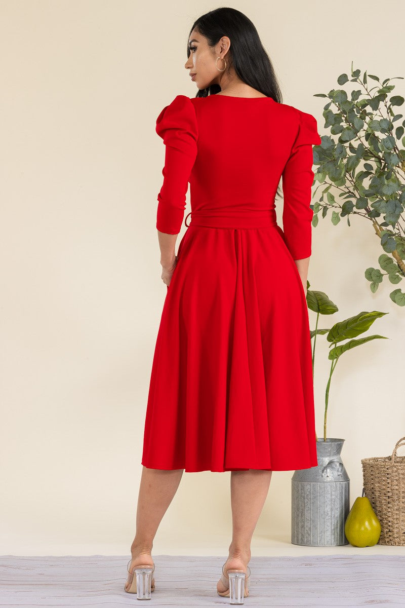 HH698R-LS-S - PUFF LONG SLEEVE MIDI COCKTAIL DRESS