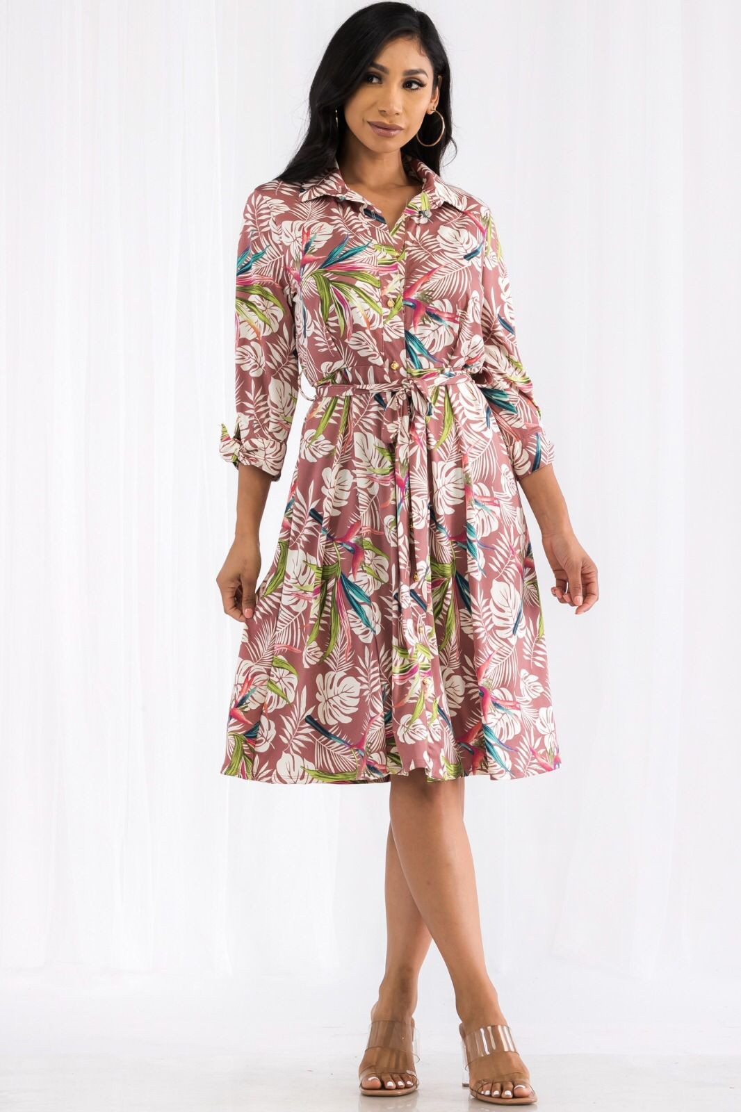 HH584X-P2 Plus Size Button-Front Tropical Shirt Dress
