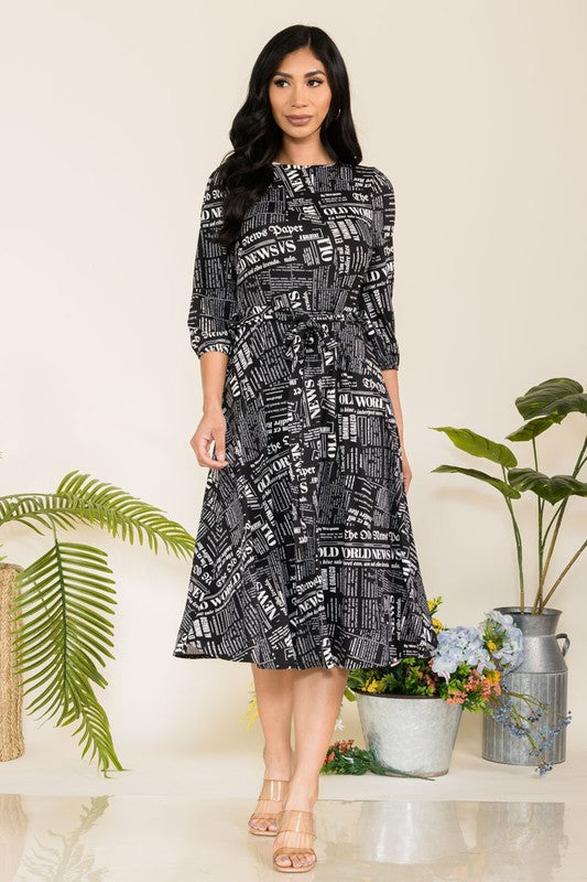 HH583X-P-CH Plus Chain Multiprint Midi Tie-Up Dress with Midi Sleeves