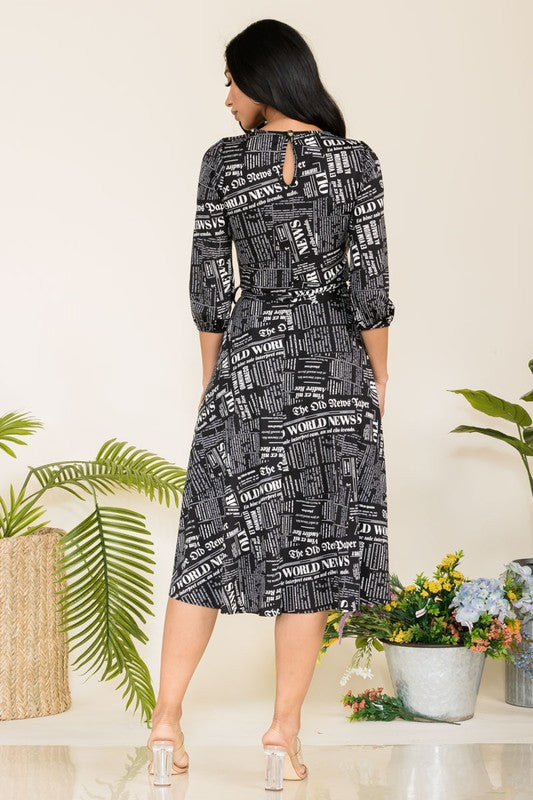 HH583X-P-CH Plus Chain Multiprint Midi Tie-Up Dress with Midi Sleeves