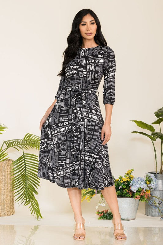 HH583X-P-CH Plus Chain Multiprint Midi Tie-Up Dress with Midi Sleeves