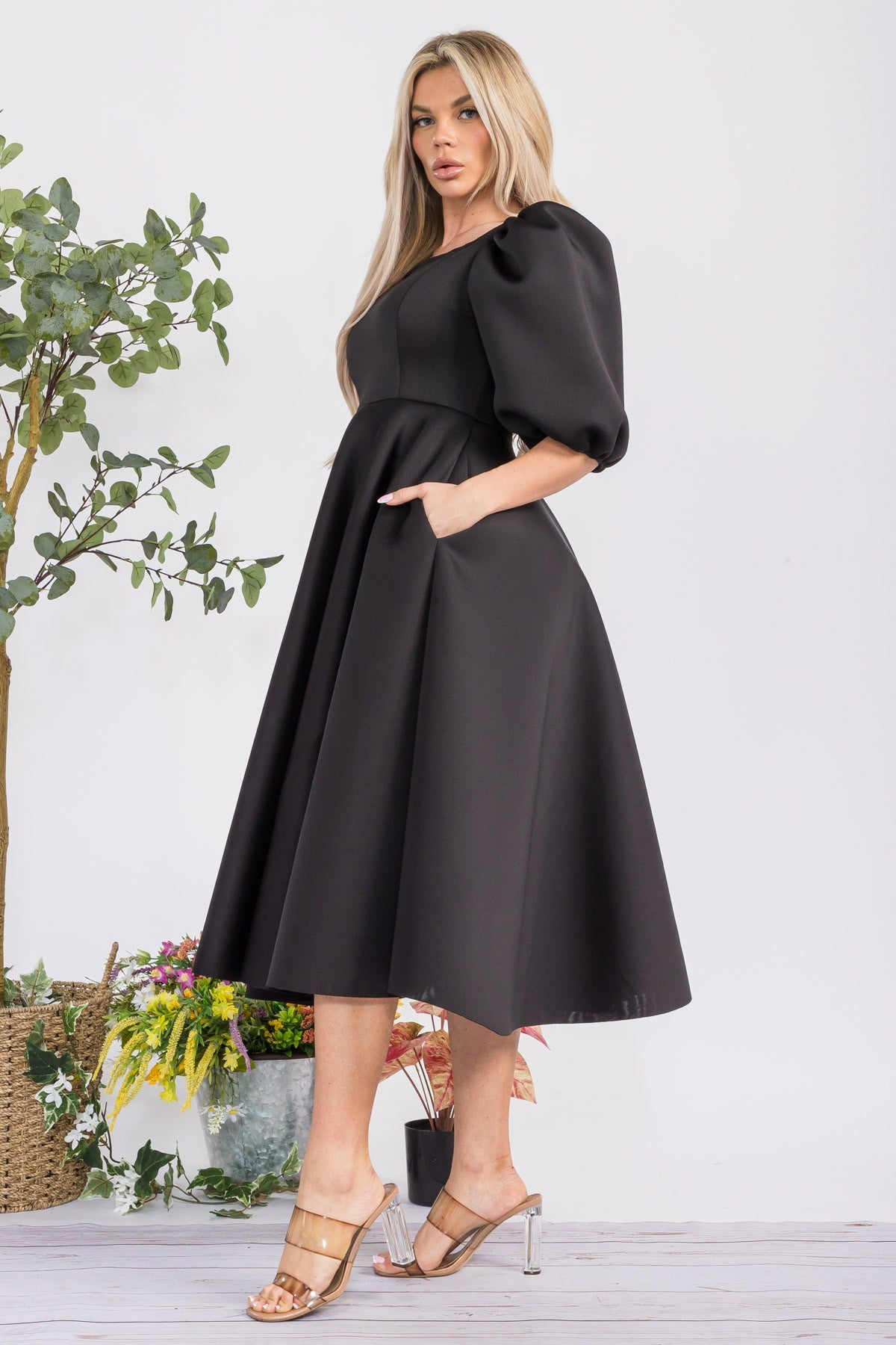 HH727R-S Puff Sleeve Midi Dress